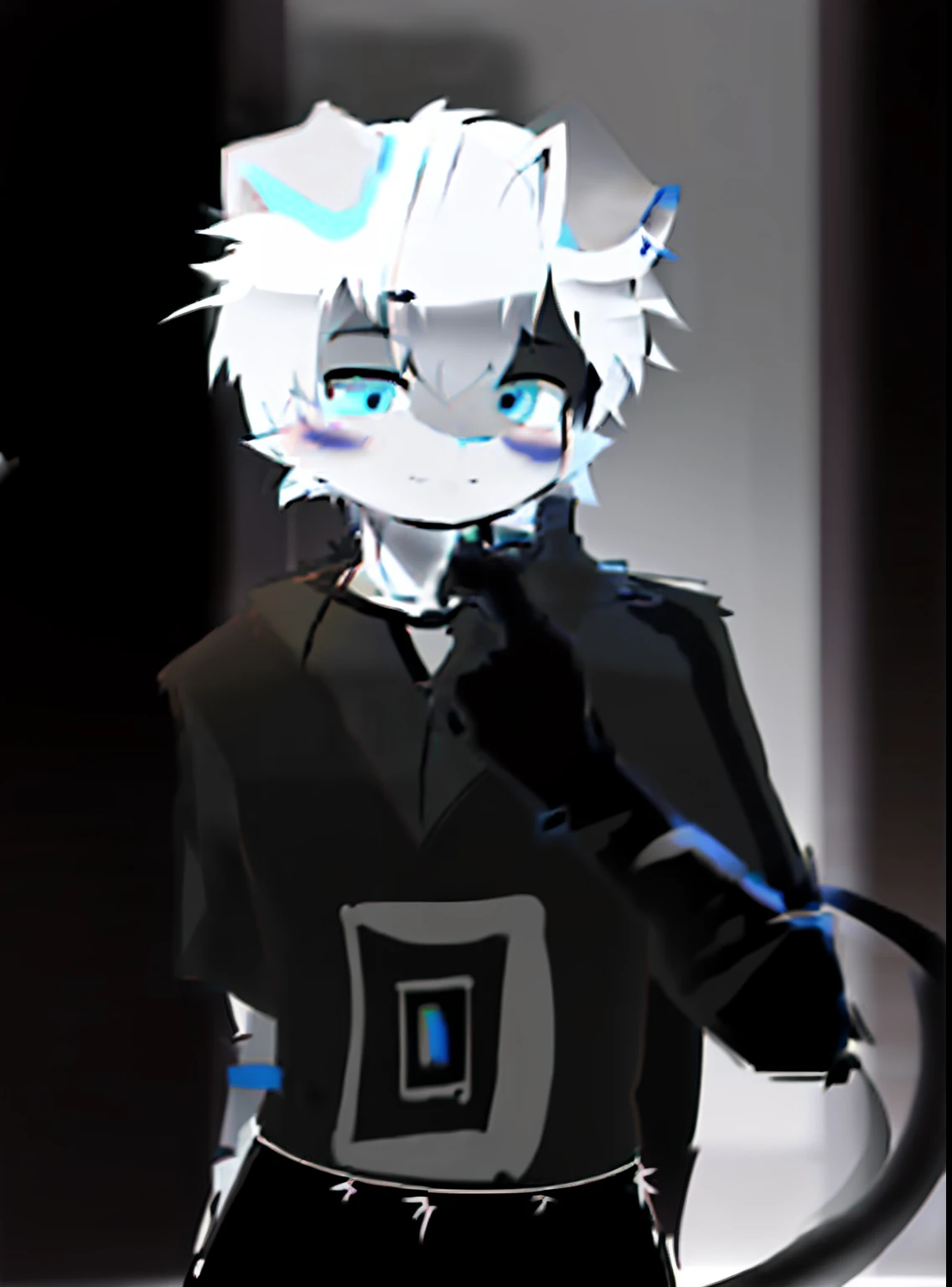 A painting of a man in a black shirt and white hair, escala cinza, mostly greyscale, unknown artstyle, sketchy artstyle, 2 d anime style, flat anime style shading, Tall anime guy with blue eyes, Boy with cat ears and tail, discord pfp, an anthro cat, author：Ei-Q, with pointy ears