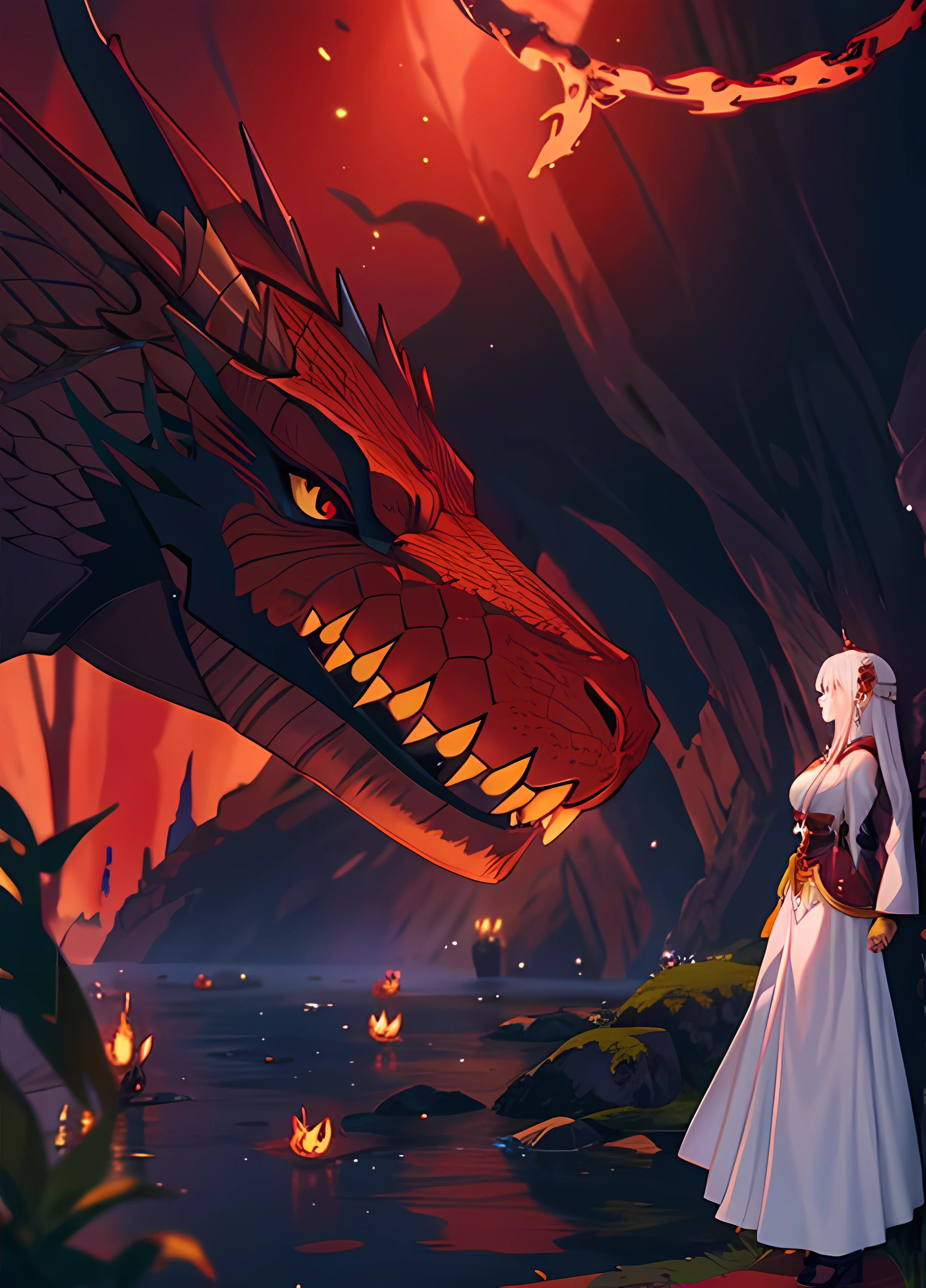 Anime scene of a woman and a dragon in a cave, dragon in the background, colossal dragon in background, Queen of Dragons, i just saw a huge dragon, dragon in dragon lair, intrincado estilo cgi anime ornamentado, giant dragon resting in a cave, dragon kissing, Captura de tela do filme de anime, battle with dragon, Captura de tela do anime Guro, Jormungandr