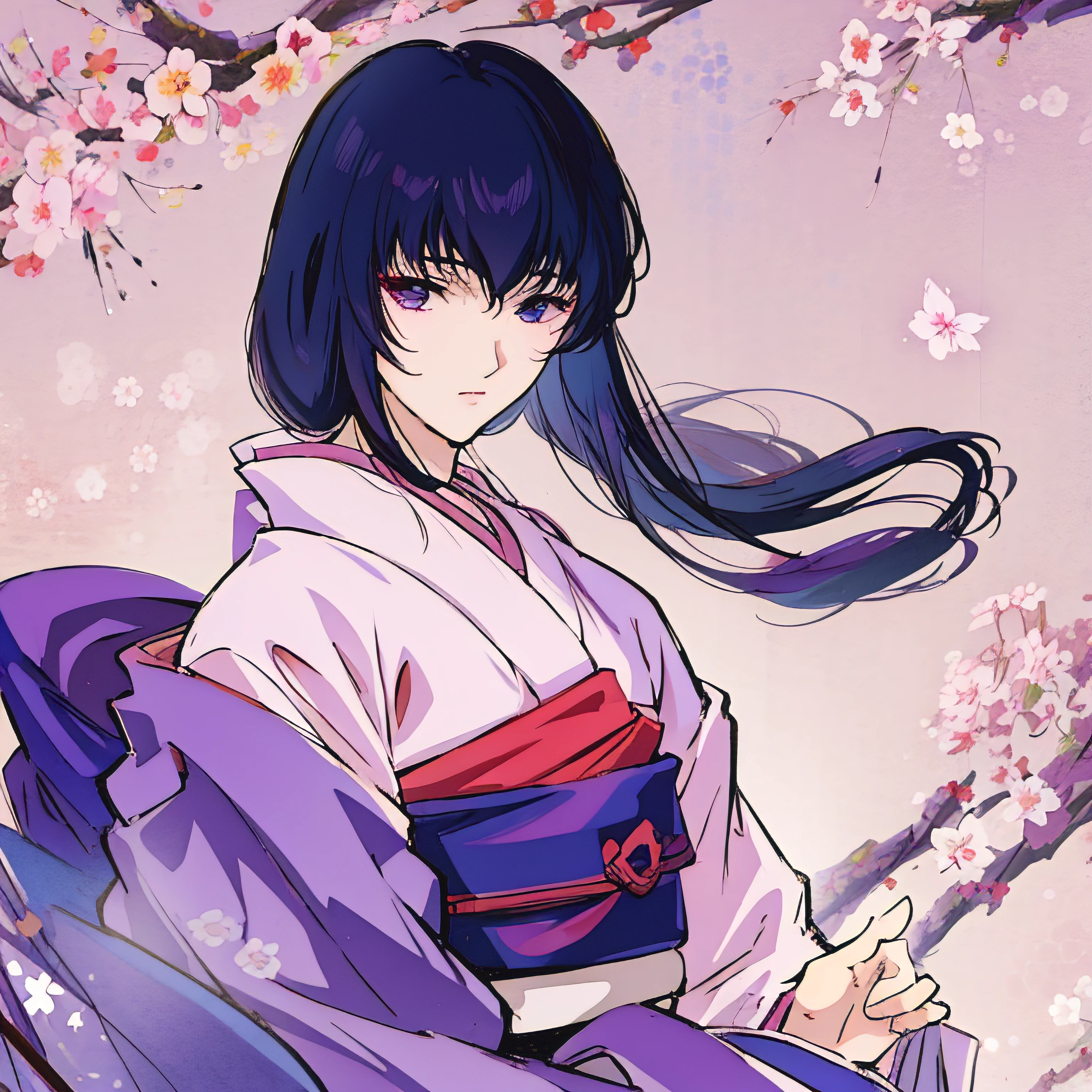 masterpiece, best quality, 1girl, solo, Yukishiro Tomoe, blackhair, kimono, japanese clothes, beautiful face, beautiful eyes, perfect body, upper body, looking at the side, sakura blossom, high detailed illustration, high detailed background, hi-res