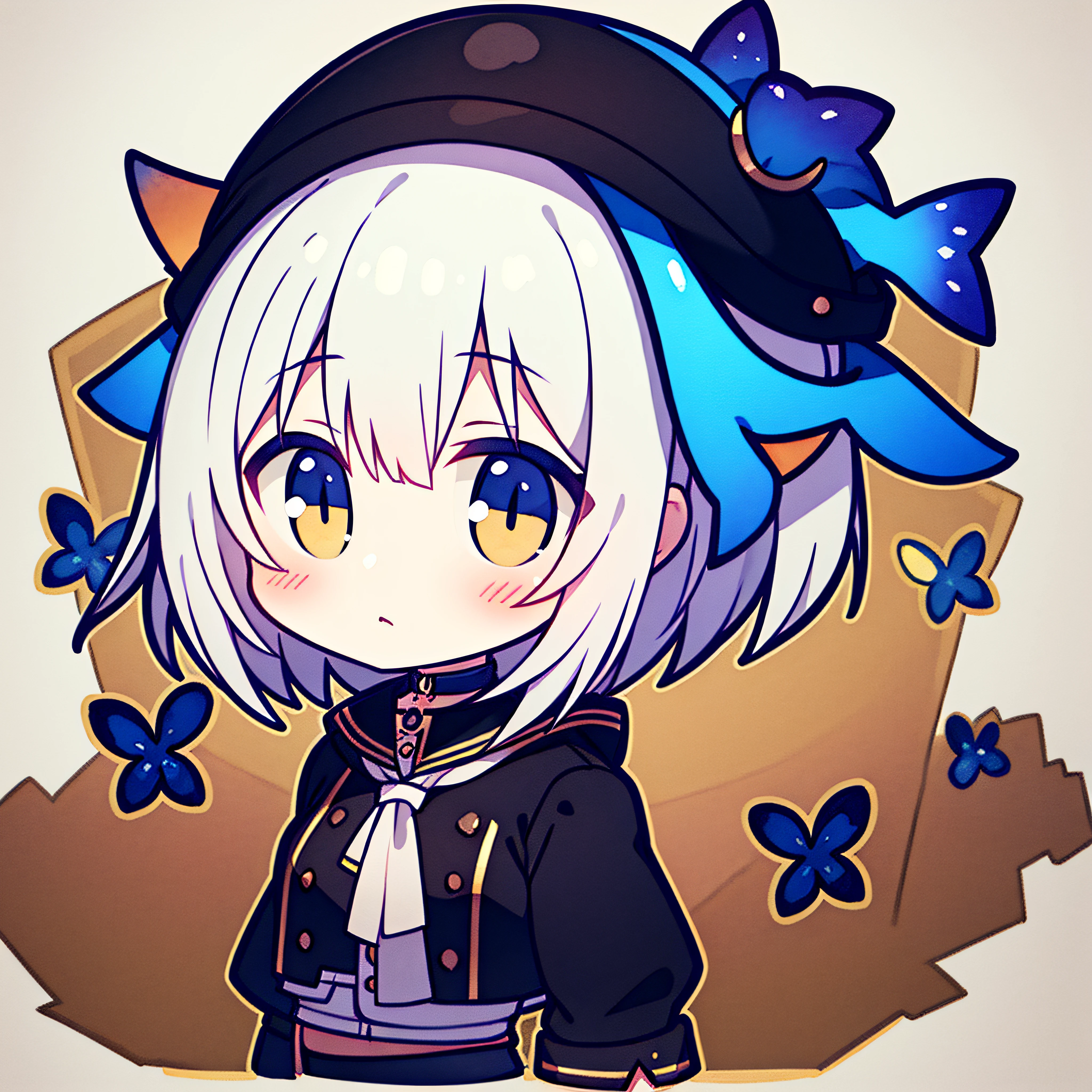 fish on the head, solo, 1 girl, looking at viewer, upright, concept art, white background, simple background, white hair, gradient hair, short sleeves, watercolor pencil, expressionless, blush, virtual youtuber