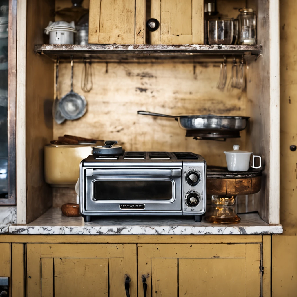 Medium shot of kitchen counter with vintage toaster oven in the middle.
