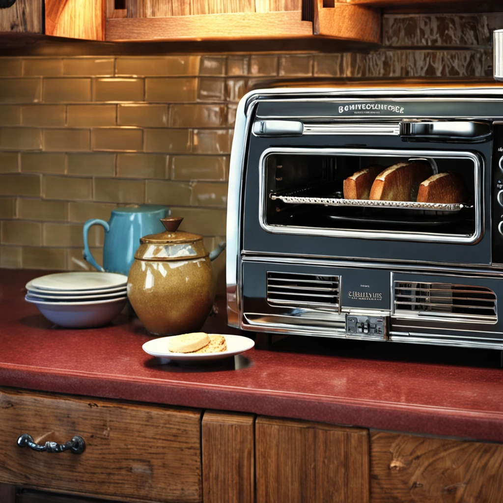 Medium shot of kitchen counter with vintage toaster oven in the middle.