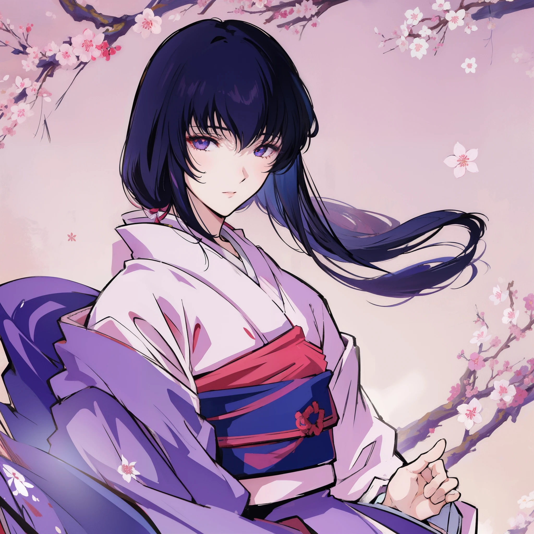 masterpiece, best quality, 1girl, solo, Yukishiro Tomoe, blackhair, kimono, japanese clothes, beautiful face, beautiful eyes, perfect body, upper body, looking at the side, sakura blossom, high detailed illustration, high detailed background, hi-res