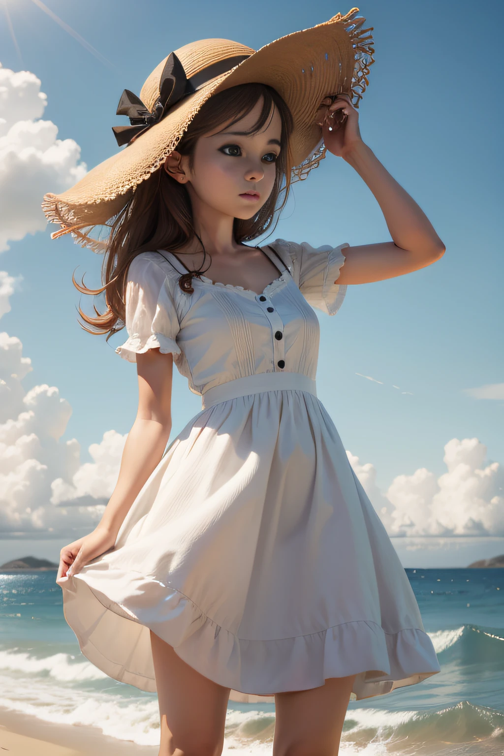 Girl in hat by the sea Treading on the sea