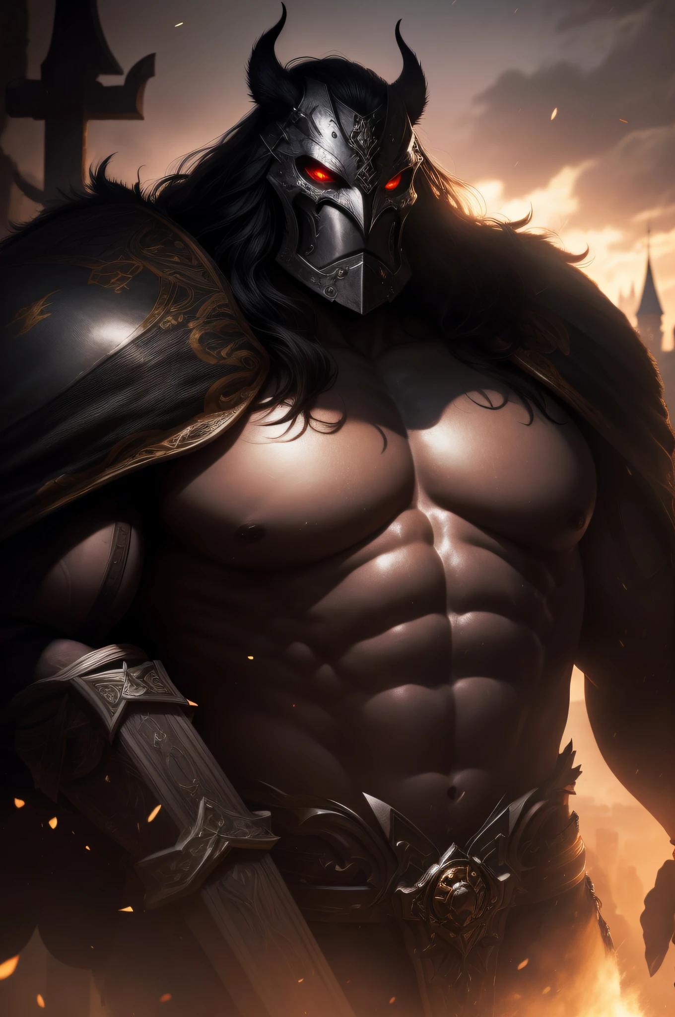 Man, cavalier, Red eyes behind the mask, Large and heavy black armor，With gold fittings, Fur cape, Evening, castle on the background, Atmospheric, Mist, Best quality masterpiece, Photorealistic, Detailed, 8K, hdr, Shallow depth of field, nguanglf, High contrast, back lit lighting, full bloom, glittery, color difference, Sharp focus, RAW color photo, Volumetric lightning, Gothic,