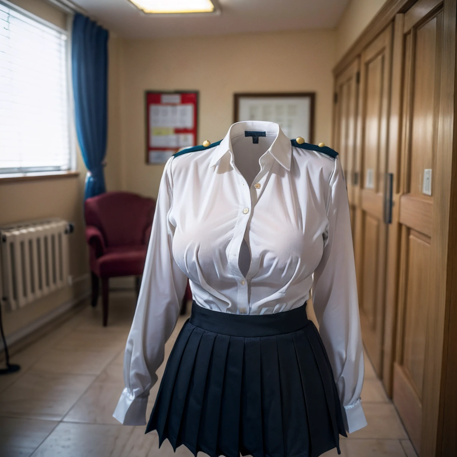 (girls' school blouse :1.7) , (school blouse suits swells as if worn by invisible girl:1.7),((invisible, no humans:1.7, headless:1.7, handless, legless)), (big breasts:1.9),(in the closet),
(8k, RAW photo, best quality, masterpiece:1.2), (realistic, photo-realistic:1.37),photon mapping, radiosity, ((Hasselblad photography)),physically-based rendering,