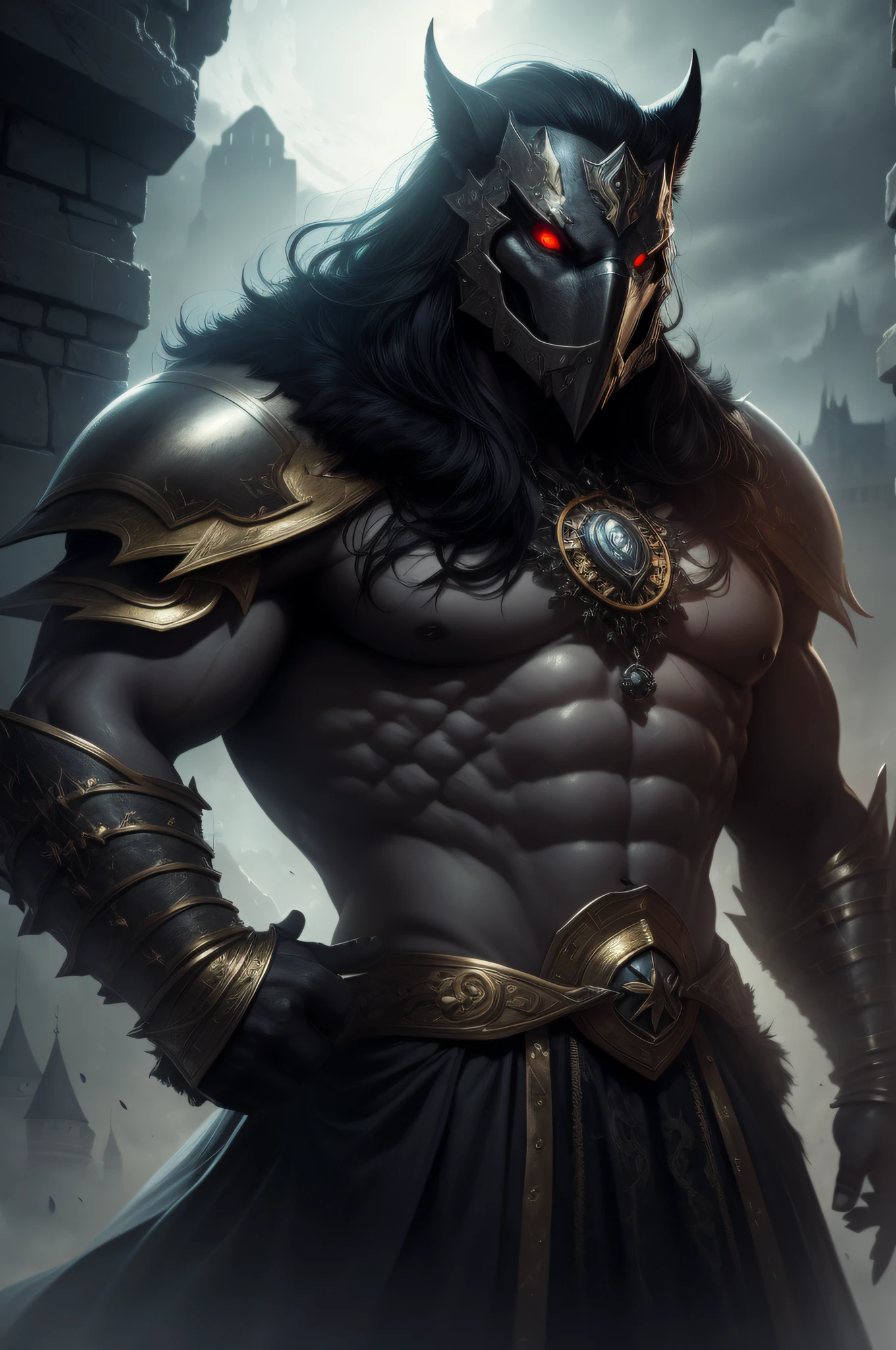 Man, cavalier, Red eyes behind the mask, Large and heavy black armor,With gold fittings, Fur cape, Evening, castle on the background, Atmospheric, Mist, Best quality masterpiece, Photorealistic, Detailed, 8K, hdr, Shallow depth of field, nguanglf, High contrast, back lit lighting, full bloom, glittery, color difference, Sharp focus, RAW color photo, Volumetric lightning, Gothic,
