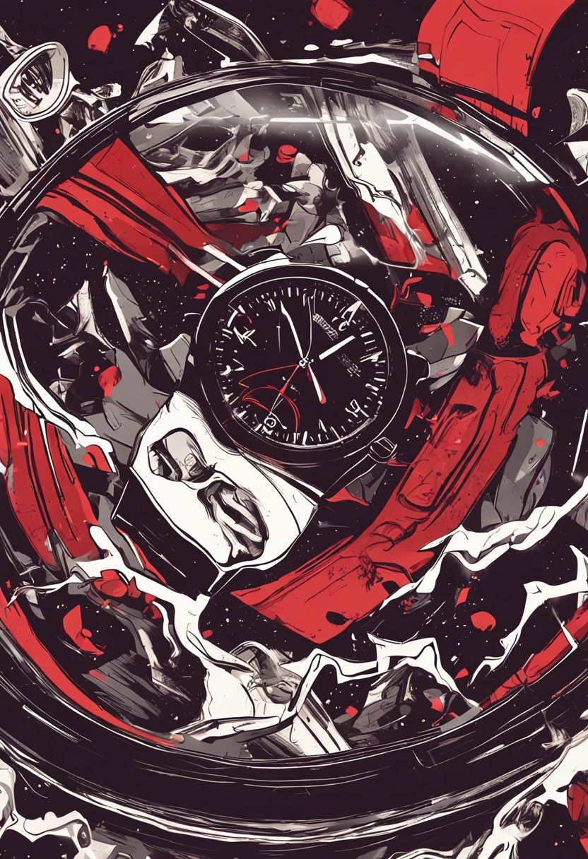Product promotional poster for the watch，Red and black color scheme，galaxy background，Lightning blasts elements