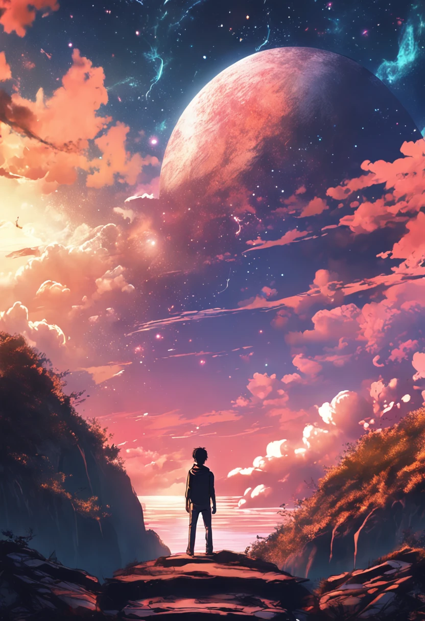 anime boy standing on a rock looking at a star filled sky, makoto shinkai cyril rolando, anime art wallpaper 4k, anime art wallpaper 4 k, anime art wallpaper 8 k, cosmic skies. by makoto shinkai, inspired by Cyril Rolando, in the style dan mumford artwork, amazing wallpaper, by Yuumei, white hair