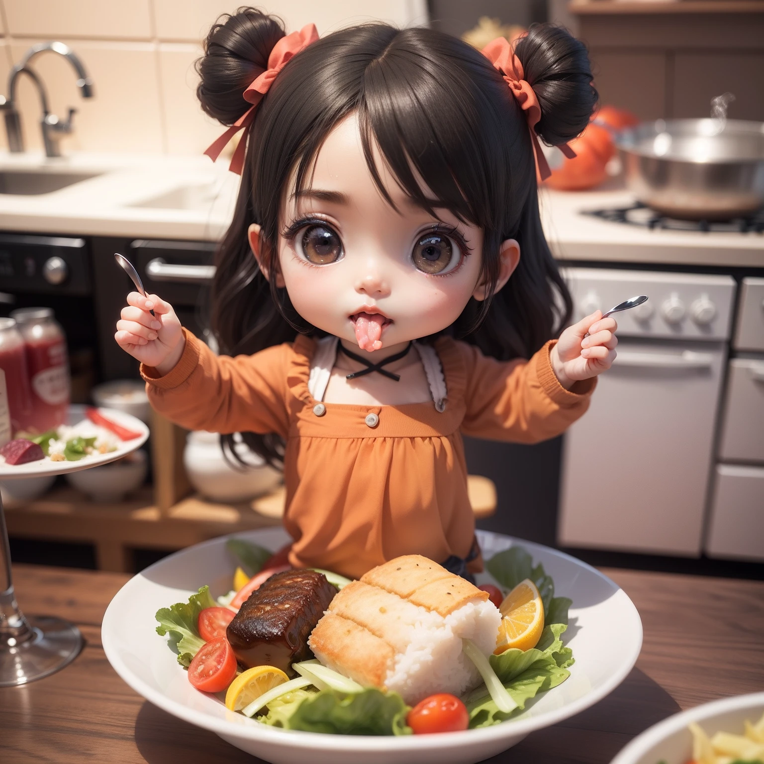Cute Baby Chibi Anime、(((chibi3d))) (best quality), (masterpiece)、スプーン🥄を持って、お皿に乗ったカレーライス🍛を食べる、A glass of water、Bowl with vegetable salad、Chibi Kitchen、Dark hair、mouthwatering
