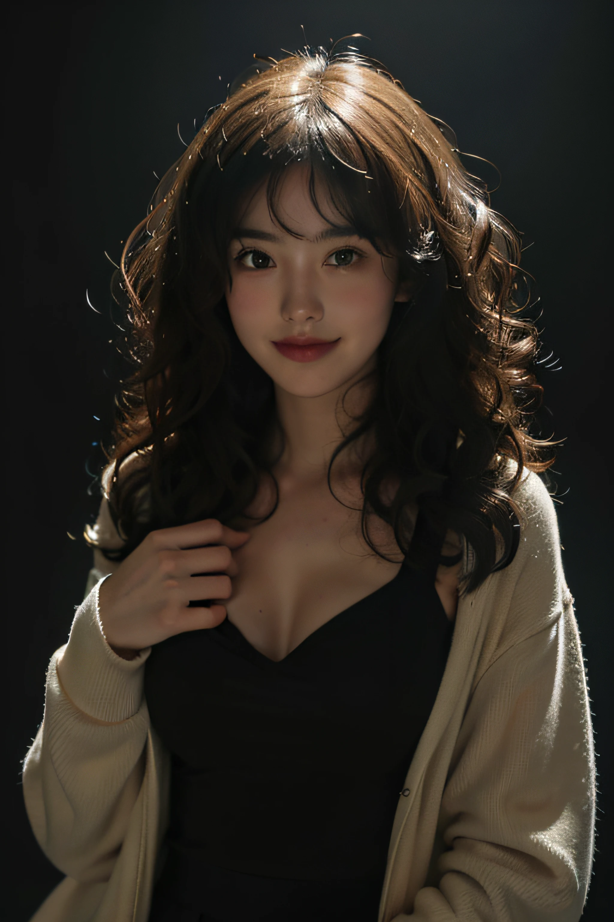 1girll,fake smile,Curly hair,In the dark,deepshadow,Bigchest,Camera in hand
