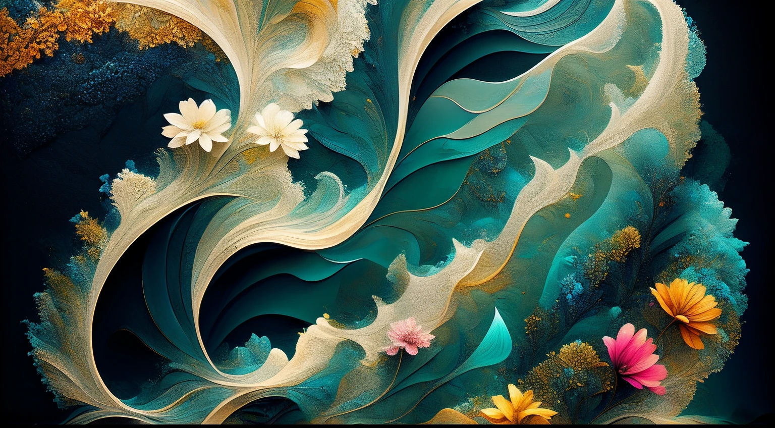 (Alfombra de flores naturales, tapete de flores festivo ).Crea una fascinante obra de arte abstracta con un enfoque en la fluidez y el movimiento. Utilice una paleta de colores rica y diversa, Blend tones seamlessly to evoke a sense of continuous movement. Explore the interplay between softness, Suave, Sharp shapes, Dynamic edges. Deja que los colores sangren y se mezclen, giving the impression of swirling currents or energetic vibrations. Incorporar elementos de la naturaleza, like gentle curves that resemble ocean waves, Vibrant bursts reminiscent of blooming flowers, or power lines that resemble gusts of wind. He fuses these natural motifs with abstract forms to create a harmonious and captivating composition...... Embrace the idea of serendipity and spontaneity while allowing colors and shapes to take shape organically. Anima a la obra de arte a desarrollarse como un viaje, invitar al espectador a explorar e interpretar las profundidades del paisaje abstracto. This work of art should inspire a sense of wonder and fascination..., Atraer a los espectadores a su fascinante mundo de colores y formas. The blend of abstraction and nature will transport observers to a realm of imagination and excitement......, leaving a lasting impression of beauty and creativity.