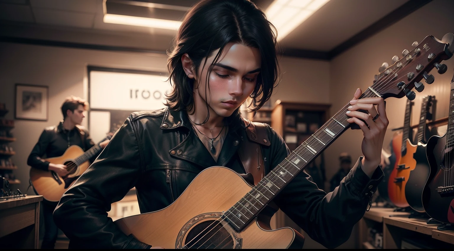 Prompt [3]: Imagine prompt: In a cinematic setting, inside a music store, the camera captures a wide panoramic shot, revealing the entire facility adorned with guitars hanging on the walls. The air is filled with the melodic sound of a guitar. A young man skillfully plays the instrument, his hands moving confidently. In the distance, a woman dressed in rock attire watches him attentively. The scene transitions between foreground and background, providing a sense of depth. The style is realistic, with cinematic lighting that accentuates details. The 25mm lens captures the expansive view.

Artistic Form: Film
Style: Realism

Description: The camera sweeps across the music store, showcasing rows of guitars displayed on the walls, creating a visually captivating backdrop. Soft, warm lighting illuminates the space, adding an intimate and cinematic touch. In the foreground, a young man passionately strums the guitar, his fingers gliding effortlessly over the strings. Every nuance of his skilled performance is captured in rich detail, emphasizing his dedication and talent. In the background, a woman dressed in a rock-inspired outfit observes him, her expression reflecting admiration and intrigue. The combination of the dynamic composition, cinematic lighting, and attention to detail creates a visually striking and engaging scene.

--v 5 --stylize 1000