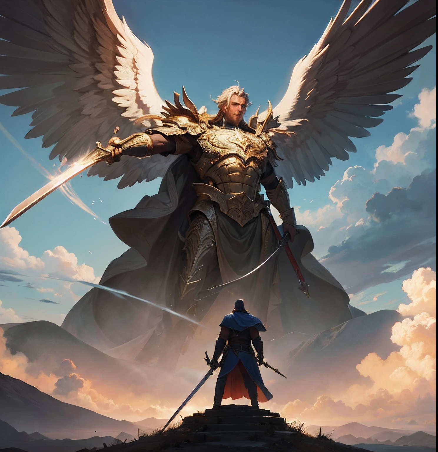 (work of art), (best quality: 1.3), An epic painting of a man on a hill looking at a powerful giant angel with a sword about to destroy a city, make the painting highly detailed, utilize volumetric and cinematic lighting, use a highly large scale and a super 8k resolution