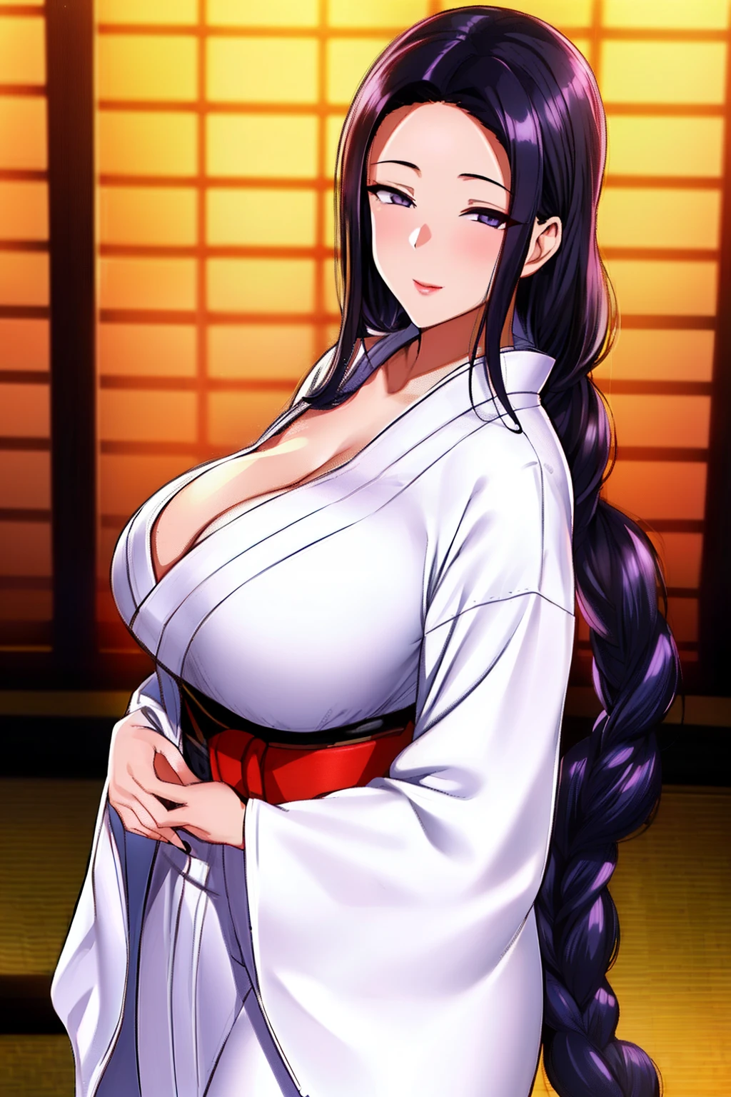 (Night:1.7), Japan, Tokyo, CityView, Before Window,
Standing at attention,
(White_kimono:1.3),cleavage,
black_hair, long_hair, hair_pulled_back,parted_lips,purple_eyes, braid,
1 girl, 24yo,mature female,Beautiful Finger,Beautiful long legs,Beautiful body,Beautiful Nose,Beautiful character design, perfect eyes, perfect face,
looking at viewer, in the center of the image,
NSFW,official art,extremely detailed CG unity 8k wallpaper, perfect lighting,Colorful, Bright_Front_face_Lighting,
(masterpiece:1.0),(best_quality:1.0), ultra high res,4K,ultra-detailed,
photography, 8K, HDR, highres, absurdres:1.2, Kodak portra 400, film grain, blurry background, bokeh:1.2, lens flare, (vibrant_color:1.2)
(Beautiful,large_Breasts:1.4), (beautiful_face:1.5),(narrow_waist),