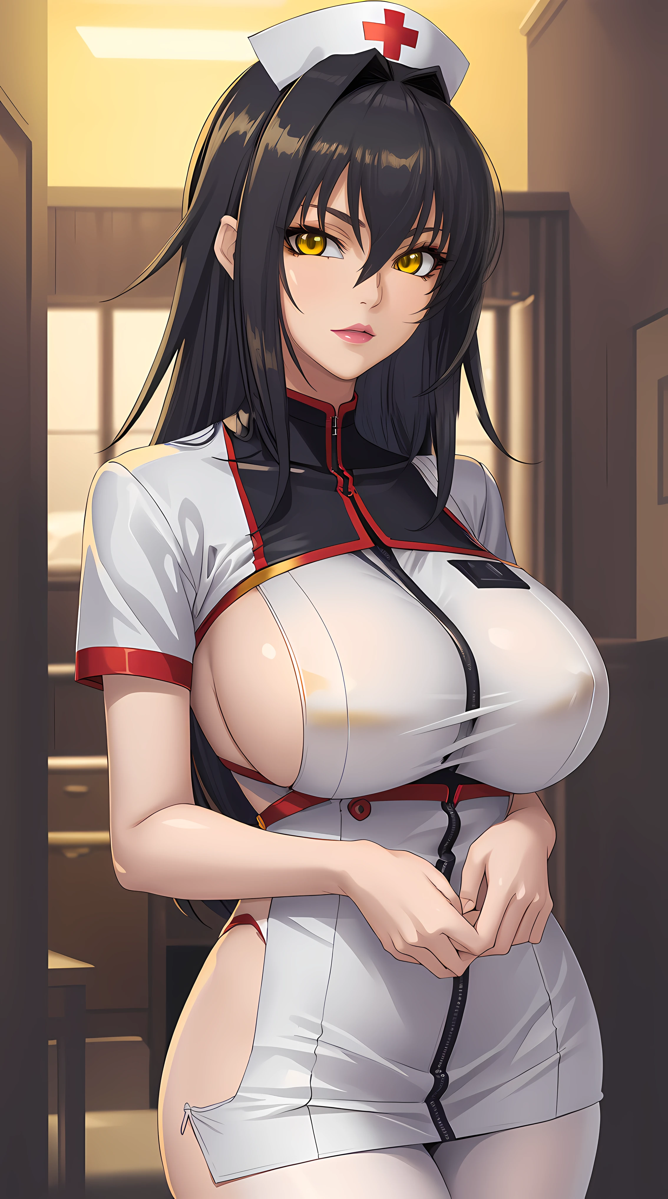 Annerose, 1girl, female mature, black hair, long hair, yellow eyes, large breasts, nurse outfit, skin tight, hair intakes, covered breasts, (exquisite character details, beautiful lips, beautiful yellow eyes, beautiful face, beautiful and properly clothed), extremely detail unity 8k wallpaper