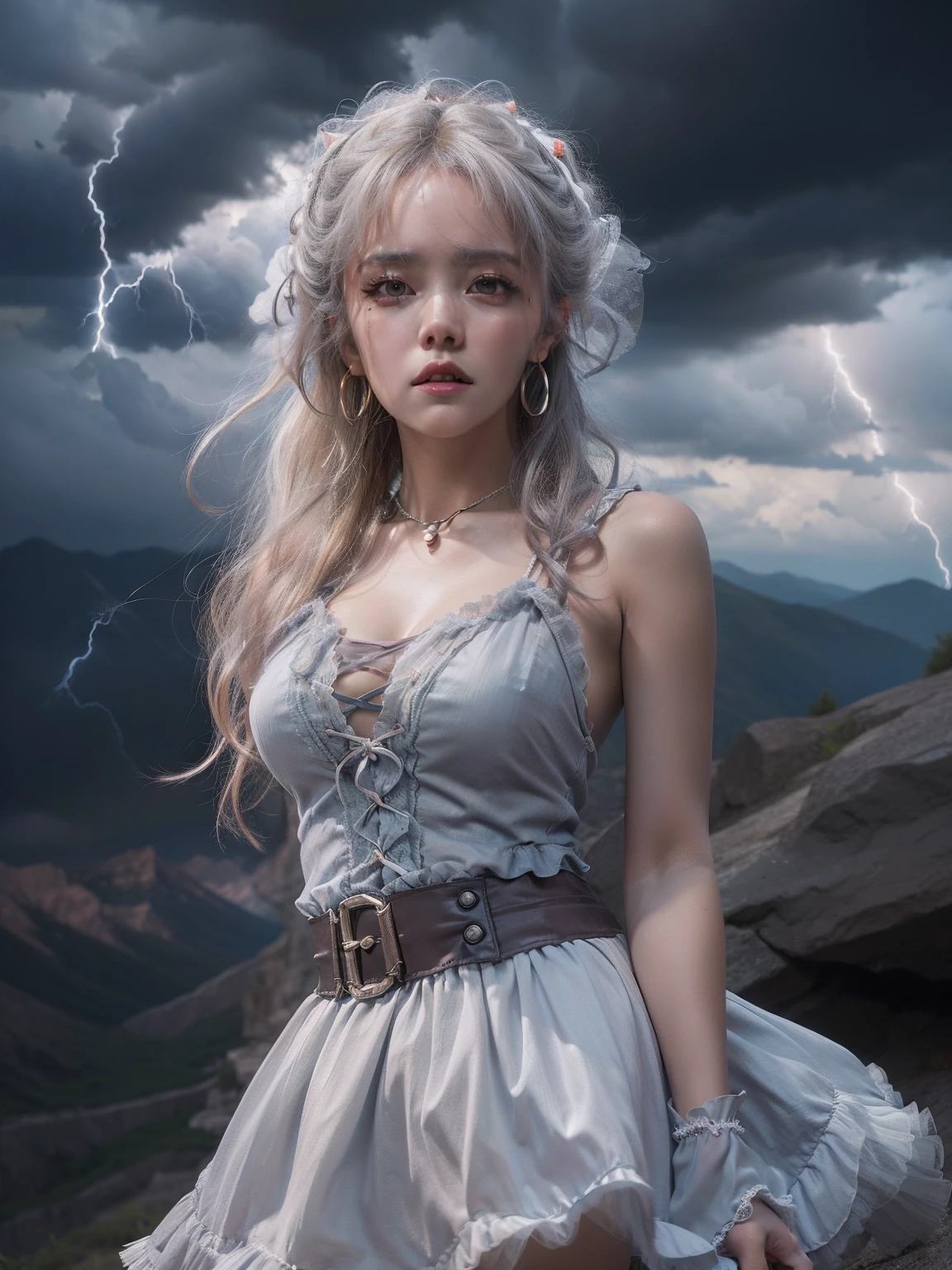 masutepiece, 8K,((Focus on the thighs)),High resolution whole body, surrealism, Cinematic lighting, god light,Layered processing (HD layers, People layer, Background image layer),f/4.0, kanon,(The face is super clear),hugefilesize,Shiny skin,Detailed skin,Detailed face, Detailed eyes, Goddess of the Storm,(ta dress miniskirt:1.5), At the top of a huge canyon, (The wind was blowing violently), Hair similar to the color of wind and lightning, nakeness, Bare chest, No top, Show off , Storm vortex pendant, Lightning earrings, Dark clouds loom like a storm, A thunderous scene,Sky thunder and lightning scattered together,