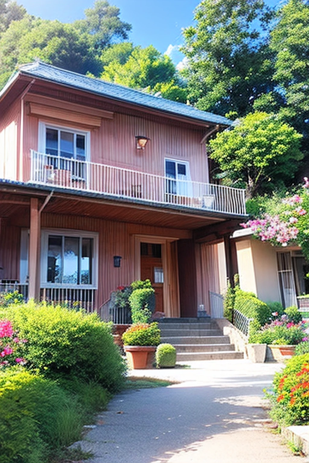 House by the sea，Facing the sea，Surrounded by flowers and trees，In front of the gate stood a girl holding a cat --auto