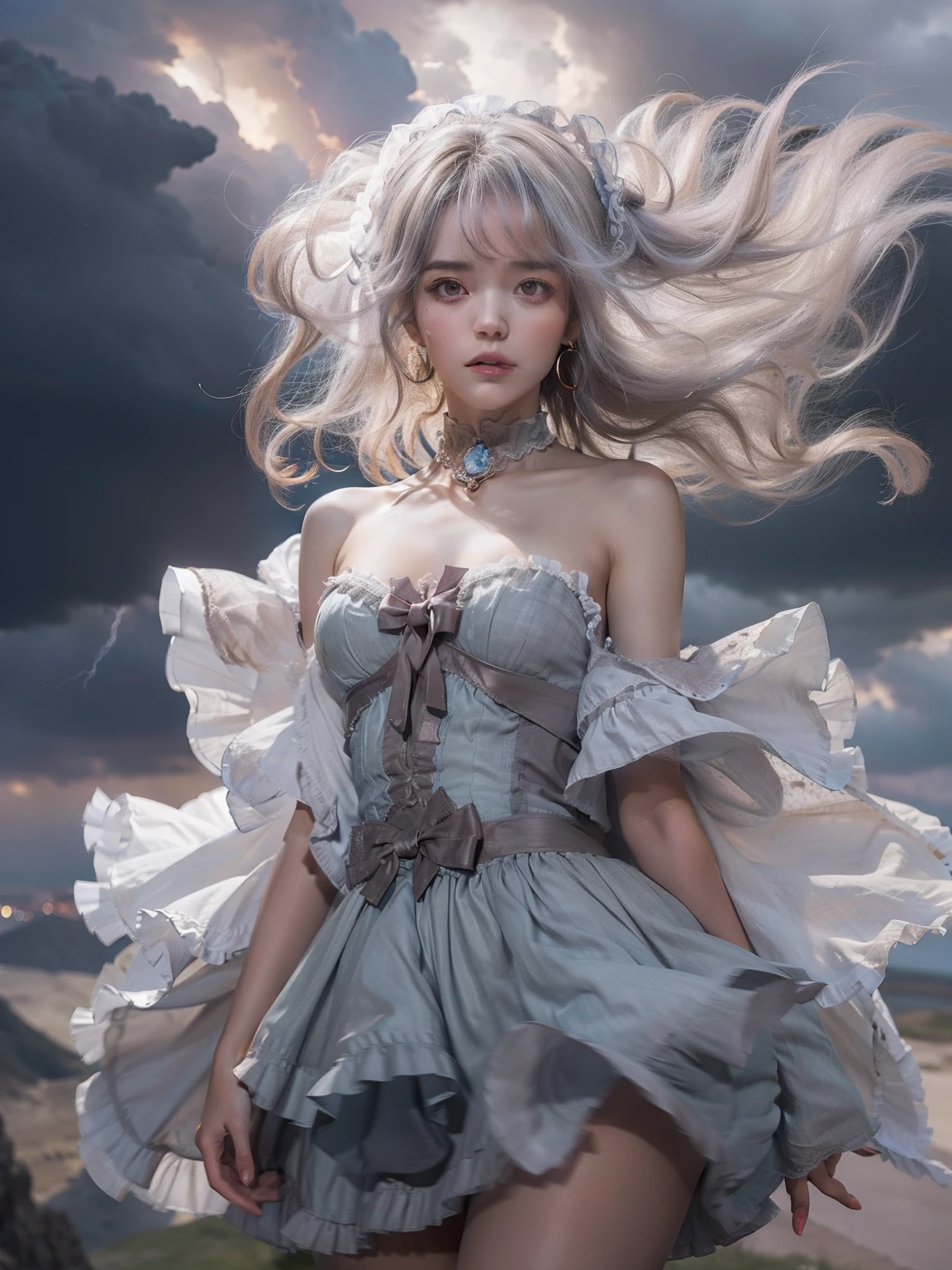 masutepiece, 8K,((Focus on the thighs))，High resolution whole body, surrealism, Cinematic lighting, god light,Layered processing (HD layers, People layer， Background image layer)，f/4.0, kanon，(The face is super clear)，hugefilesize，Shiny skin,Detailed skin,Detailed face, Detailed eyes, Goddess of the Storm,(Lolita dress miniskirt:1.5)， At the top of a huge canyon, (The wind was blowing violently), Hair similar to the color of wind and lightning, nakeness, Bare chest, No top, Show off , Storm vortex pendant, Lightning earrings, Dark clouds loom like a storm, A thunderous scene，Sky thunder and lightning scattered together，