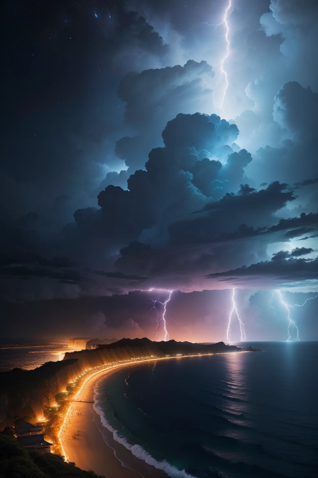 Landscape painting、Photorealsitic、natta、Sea of Okinawa、stormy、starrysky、Lots of lightning、discharge、plasma
