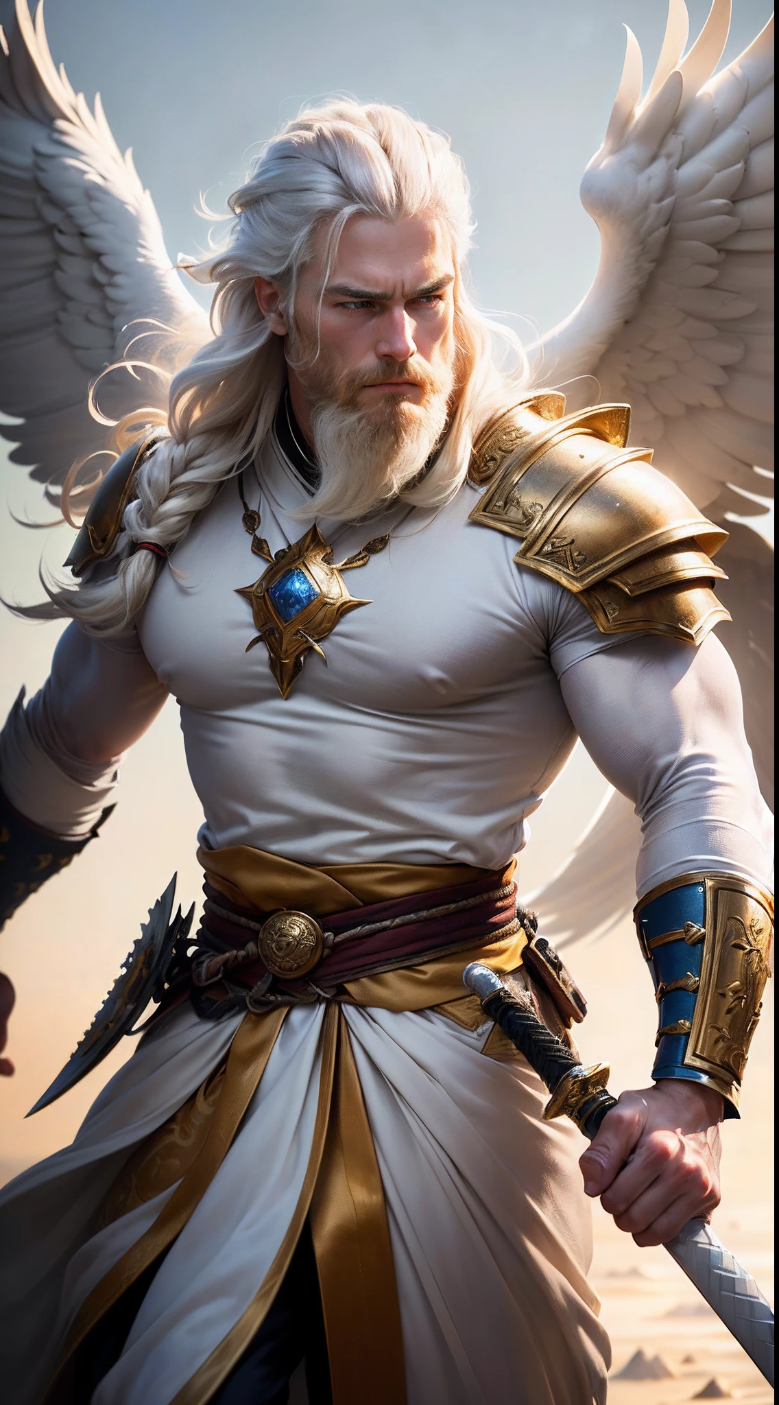 masterpiece, high quality, solo focus, (perfect face: 1.1), (high detail: 1.1), (dramatic, 1.5), (long white hair: 1.3) action photo, strong, 1 muscular man, dressed in imperial prince clothes and golden armor: 1.3, gold jewelry: 1.3, platinum samurai hair: 1.3, holding long sword 1.2), (on a white background: 1.3), young man, messy hair, battle posture, hyper-detailed, digital art, studio quality, smooth rendering, unrealistic rendering of the 5 engine, octane rendering, 8K, European man with Viking features, white cape, bearded, long beard, with two angelic wings glued to his back
