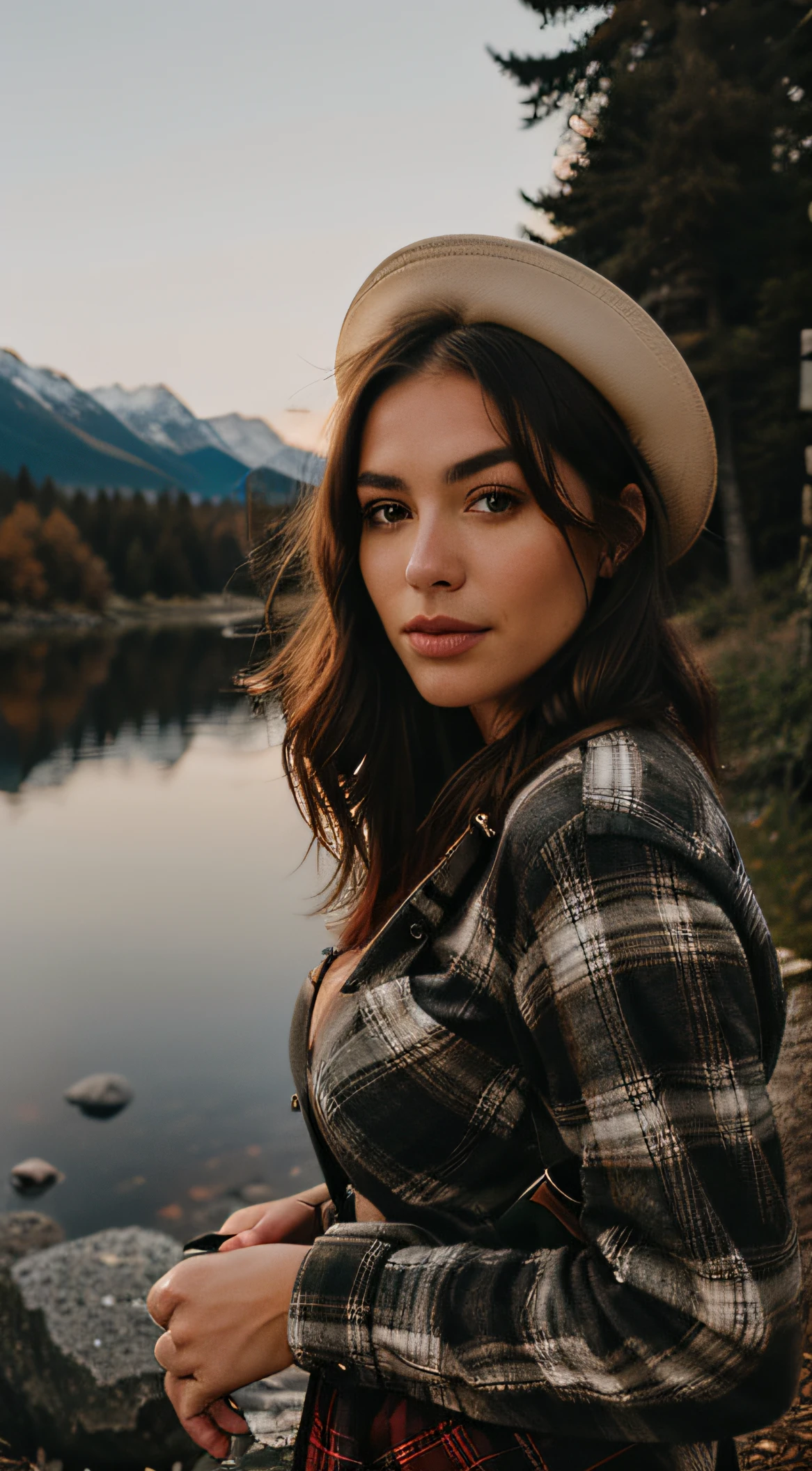 1 woman ((upper body selfie, happy)), masterpiece, best quality, ultra-detailed, solo, outdoor, (night), mountains, nature, (stars, moon) cheerful, happy, backpack, sleeping bag, camping stove, water bottle, country boot, country hat, red plaid shirt long sleeve open, lantern, forest, rocks, river, wood, smoke, shadows, contrast, clear sky, style, (warm hue, warm tone: 1.2), close-up, cinematic light, side lighting, ultra high resolution, best shadow, RAW, upper body, wearing lingerie, seductive look, huge breasts, 4k, open neckline, sexy