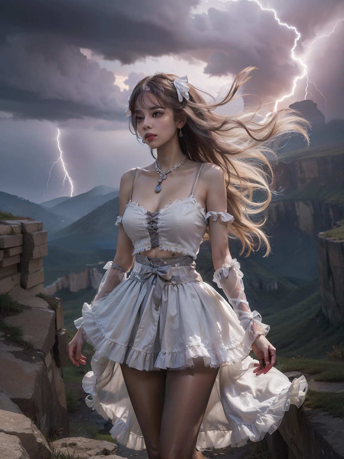 masutepiece, 8K,Focus on the thighs,Full body in a high resolution, surrealism, Cinematic lighting, god light, (HD layers,1 People layer,2. Background image layer),f/4.0, kanon,(((The face is super clear))),hugefilesize,Shiny skin,Detailed skin,Detailed face, Detailed eyes, Goddess of the Storm,(Lolita dress miniskirt:1.5), At the top of a huge canyon, The wind was blowing violently, Hair similar to the color of wind and lightning, nakeness, Bare chest, No top, Show off , Storm vortex pendant, Lightning earrings, Dark clouds loom like a storm, A thunderous scene,Sky thunder and lightning scattered together,