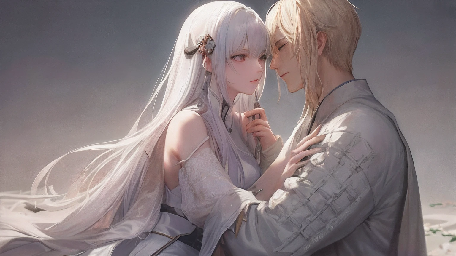Close-up of a couple in a white robe holding a sword,a character portrait by Yang J,The popularity of CGsociety,Fantasyart,beautiful character painting,Guviz-style artwork,Guvitz,white hanfu,flowing white robe,full-body wuxia,epic exquisite character art,stunning character art,Beautiful couple assassin