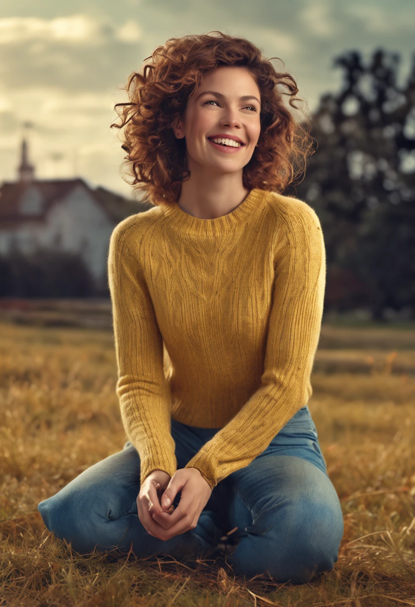 ​masterpiece,top-quality,(Photorealsitic;1.5),(detaileds),(Anatomically correct physique:1.5),Young woman sitting on one knee on the floor,Curly chestnut hair,(Slender figure),(Turtleneck sweater:1.4),(denim pant:1.4).(Happy smile),((grass field))