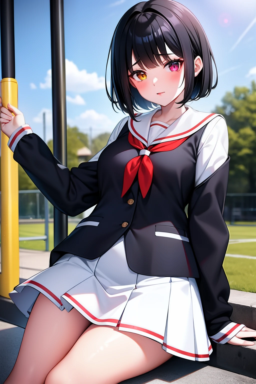 girls,with short black hair,Red-yellow heterochromic pupils,White JK school uniform,Short blue skirt,playground