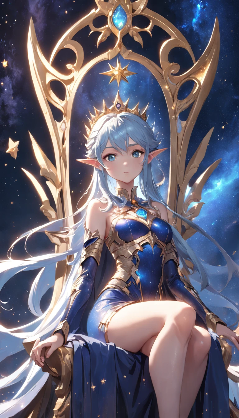 (Extremely detailed CG Unity 16k wallpaper:1.1), (Noise Removal Strength: 1.45), (tmasterpiece:1.37), (Pose all over the body:1.4:), whole-length, Dynamic Angle, Starry sky, Lifelike texture, Side lighting, The Elf Queen sits on the throne，The crown is set with many precious stones, Sparkle, Glowing light, Ray tracing, ((Masterpiece)), (Masterpiece), Best quality, hyper HD