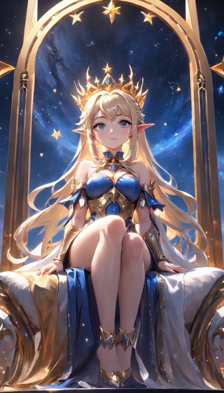 Naked Queen elf sit on the golden throne, J cup, thicc thigh, golden pasties on tits and pussy, golden tiara, golden bracelets, golden necklace, golden cape, golden heels, clear view, master piece, perfect.