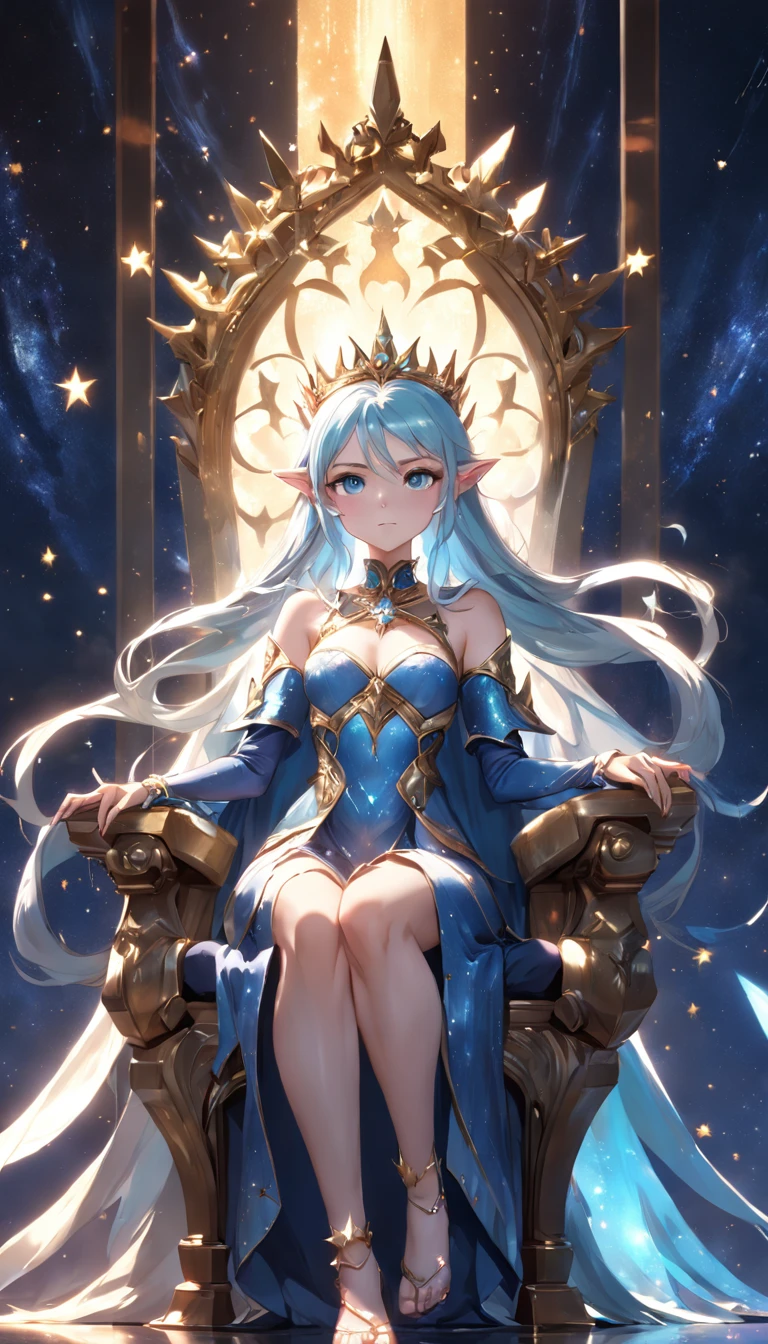 (Extremely detailed CG Unity 16k wallpaper:1.1), (Noise Removal Strength: 1.45), (tmasterpiece:1.37), (Pose all over the body:1.4:), whole-length, Dynamic Angle, Starry sky, Lifelike texture, Side lighting, The Elf Queen sits on the throne，The crown is set with many precious stones, Sparkle, Glowing light, Ray tracing, ((Masterpiece)), (Masterpiece), Best quality, hyper HD