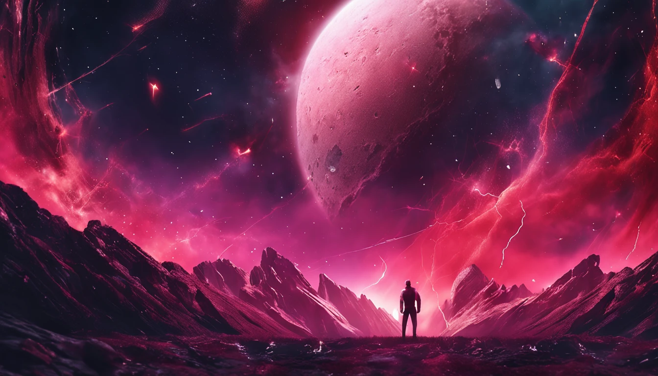 Watch the product poster,Red and black color scheme,Milky Way Galaxy background,Lightning explosion element,Realisticstyle。