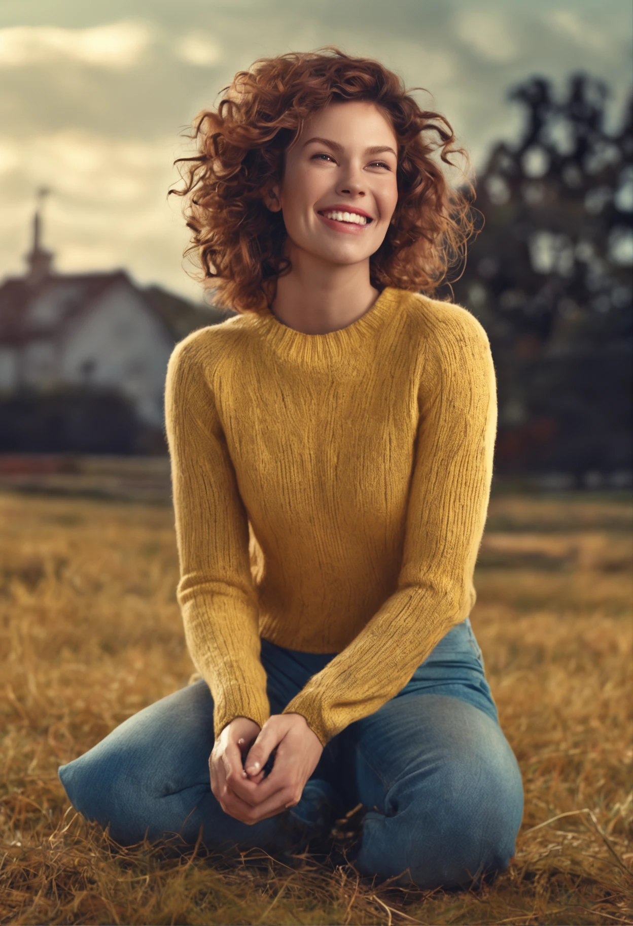 masterpiece,top-quality,(Photorealsitic;1.5),(detaileds),(Anatomically correct physique:1.5),Young woman sitting on one knee on the floor,Curly chestnut hair,(Slender figure),(Turtleneck sweater:1.4),(denim pant:1.4).(Happy smile),((grass field))