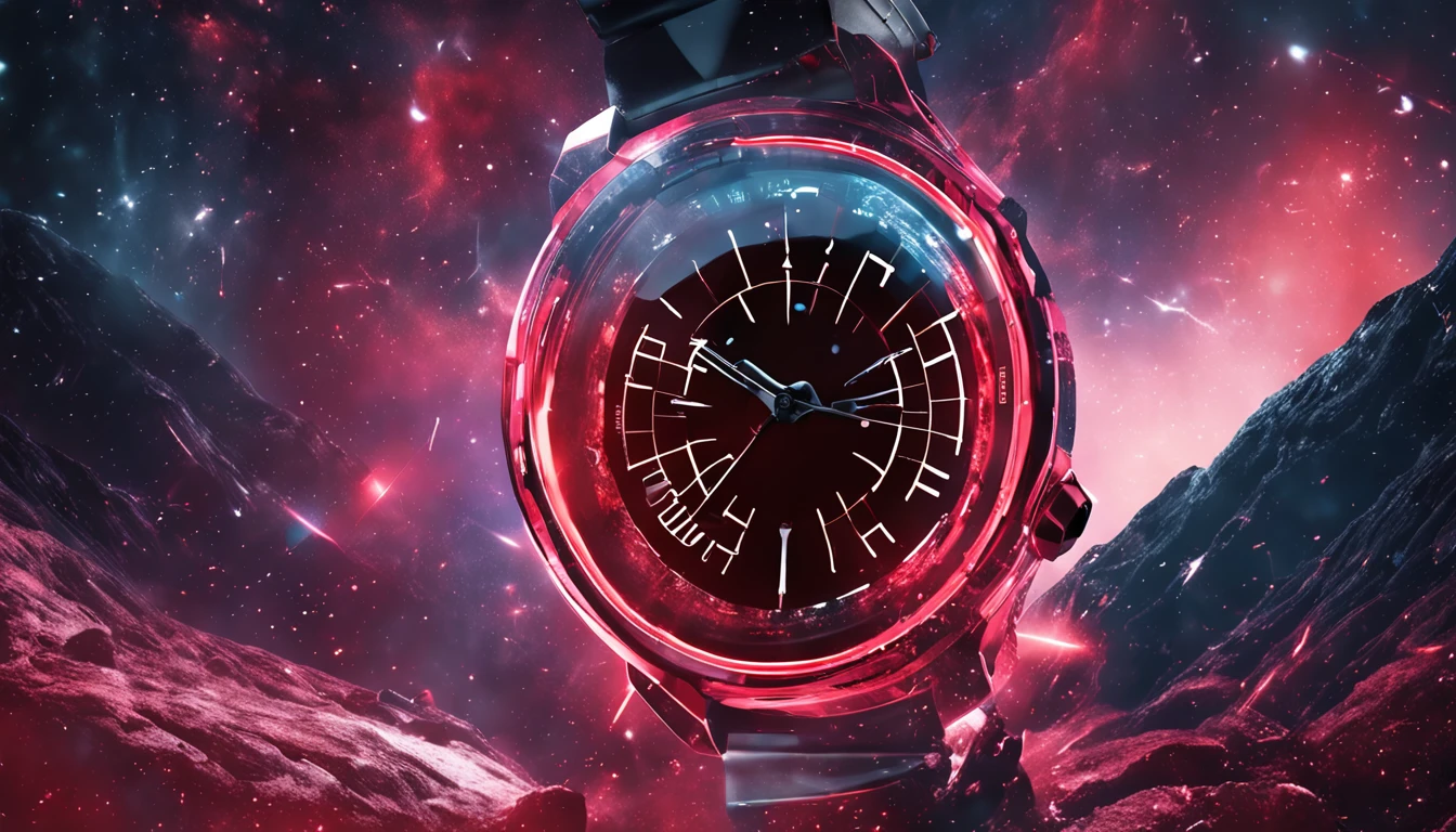 Product promotional poster for the watch,Red and black color scheme,Milky Way Galaxy background,Lightning explosion element,Realisticstyle。