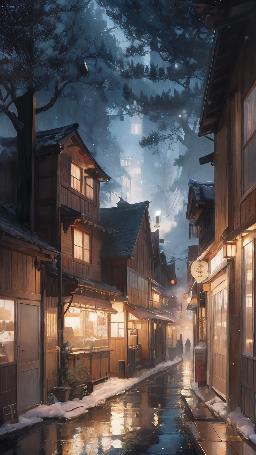 (Extremely detailed Cg Unity 8K wallpaper), Full photo of the most beautiful artwork of a Japanese ramen shop, snowflakes falling, food , steamy, Nostalgia, Professional majestic oil painting by Ed Blinkey, atey ghailan, by Ghibli Studio, author:Jeremy Mann, Greg Manchess, Antonio Moro, trending on artstationh, trending on CGSociety, Intricate, High detail, Sharp focus, Dramatic, photorealistic painting art by midjourney and greg rutkowski