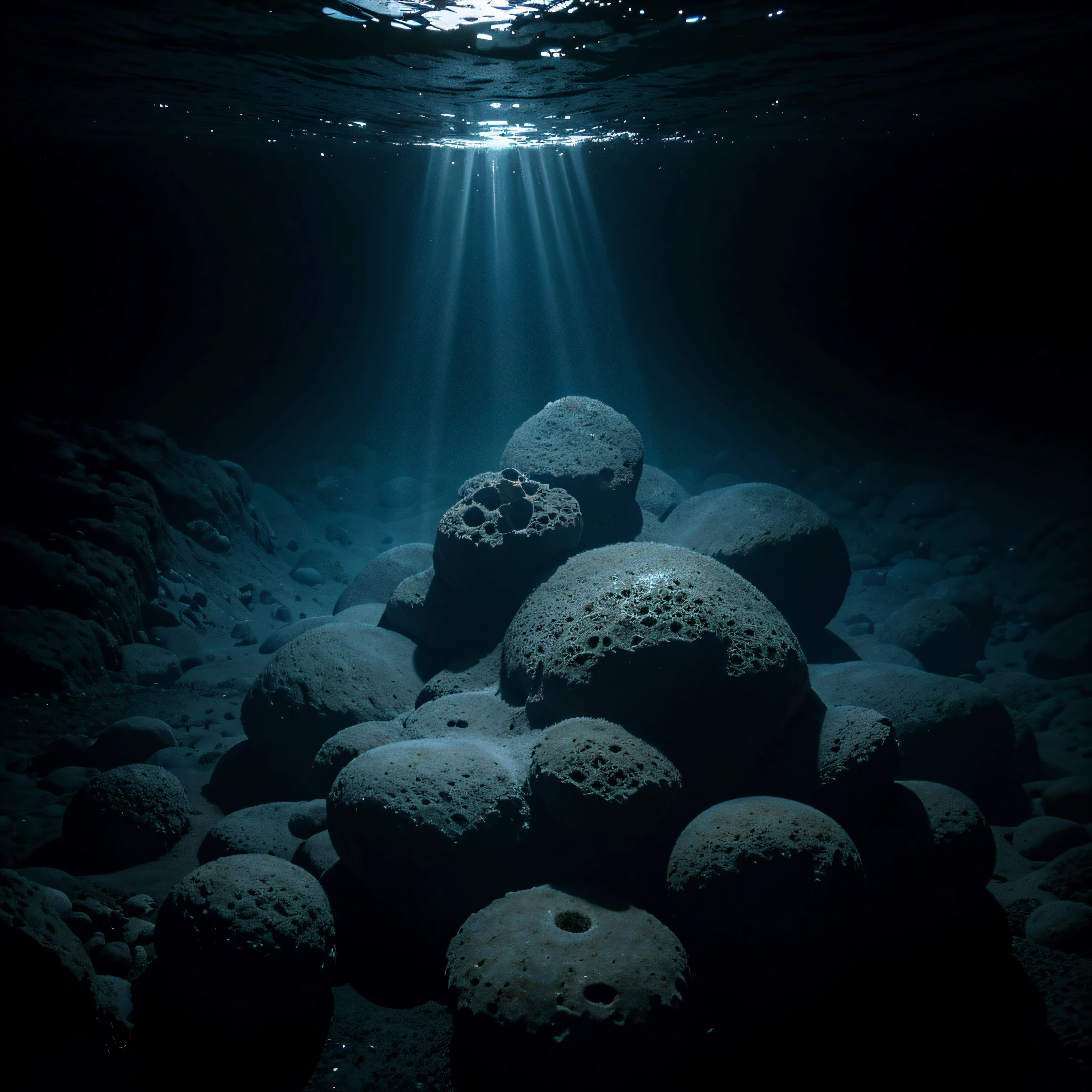 (extremadamente detallado, obra maestra, La mejor calidad, Under the Ocean), Estilo oscuro, volumetric illumination. textura de babosa, piel de caracol. manchas de tinta. Rococo composition. Luz de caravaggio