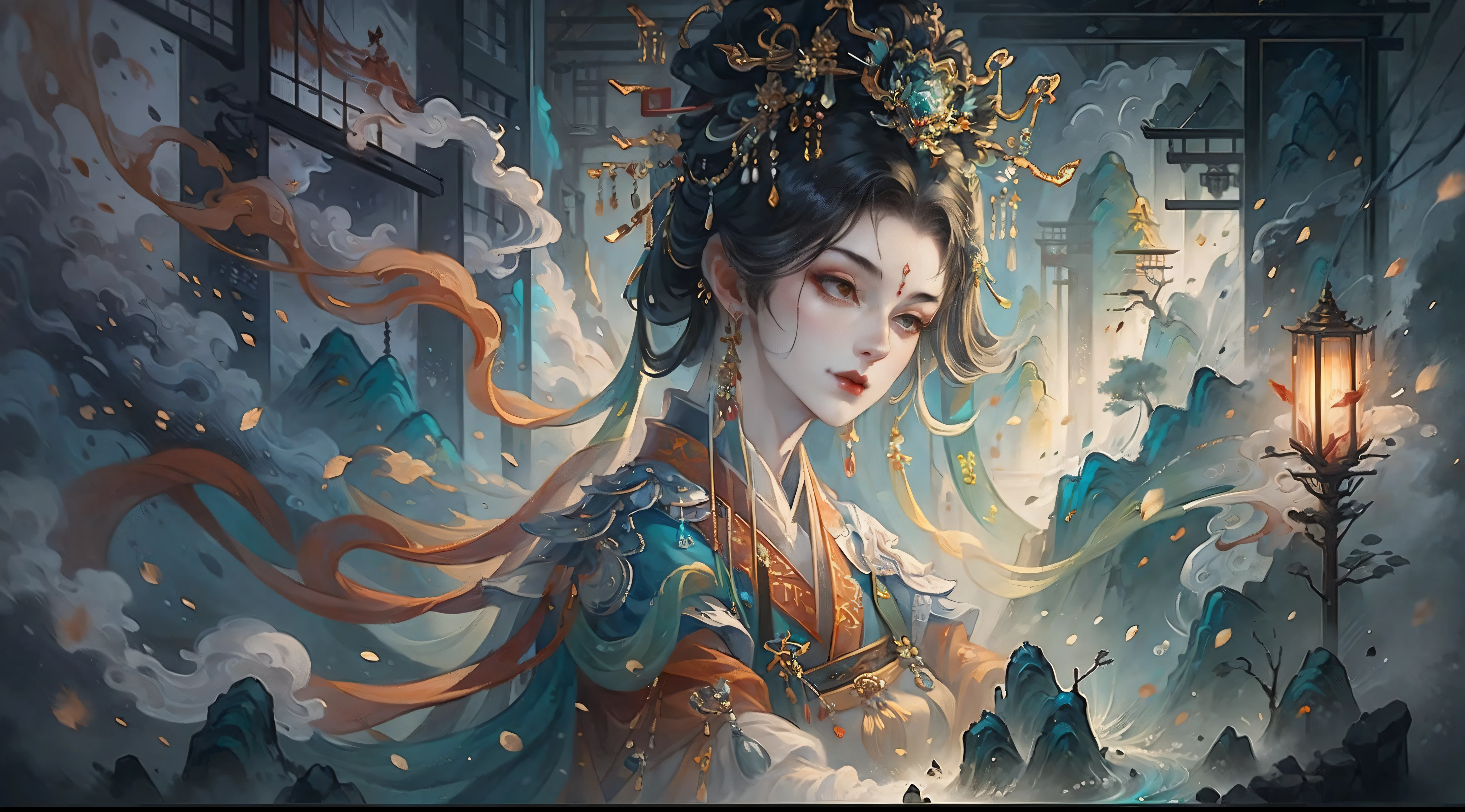 Illustration scenes，Best quality, Masterpiece:1.2), (offcial art, Extreme detail), cinematic compositions，full bodyesbian,A goddess, Beautiful facial features，Chinese costume, Hanfu, Headwear, Hair accessories, Earrings, jewelry,Fairyland on earth, Soft light, Tradition Chinese Ink Painting,delicated face，Normal hands，normal and，Rich color combination，（scenography），Magnificent Chinese-style architecture，the forbidden city，Depth-of-fie，symmetrical design，Huge building，cyber punk perssonage（（Antique tower，The stonework，Ancient bridge，lake water，the trees，Chinese lamps，neonlight）），rich details​，Ancient Chinese Tang Dynasty style，Antique sci-fi atmosphere，Extreme light and shadow，Delicate and soft painting style，film level light effect，high-definition picture quality，the soft light，Dingdall effect，Ghost ape painting style，rich details​，Refer to Gu Kaizhi，32K，High picture quality，A high resolution，（Very detailed CG unity 8K wallpaper）