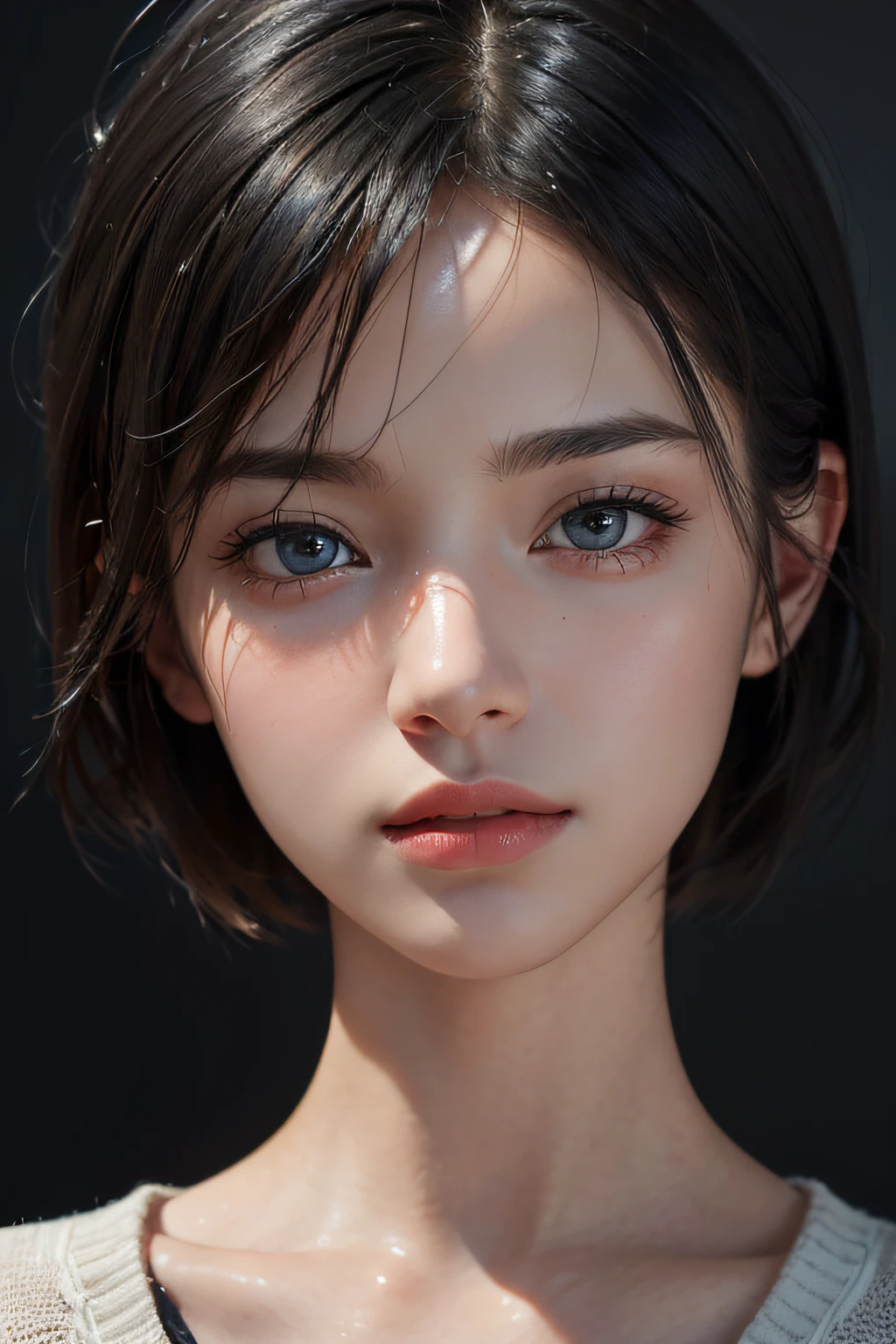 (masterpiece:1.3), (8k, photorealistic, RAW photo, best quality: 1.4), (1girl), beautiful face, (realistic face), (black hair, short hair:1.3), beautiful hairstyle, realistic eyes, beautiful detailed eyes, (realistic skin), beautiful skin, (sweater), absurdres, attractive, ultra high res, ultra realistic, highly detailed, golden ratio