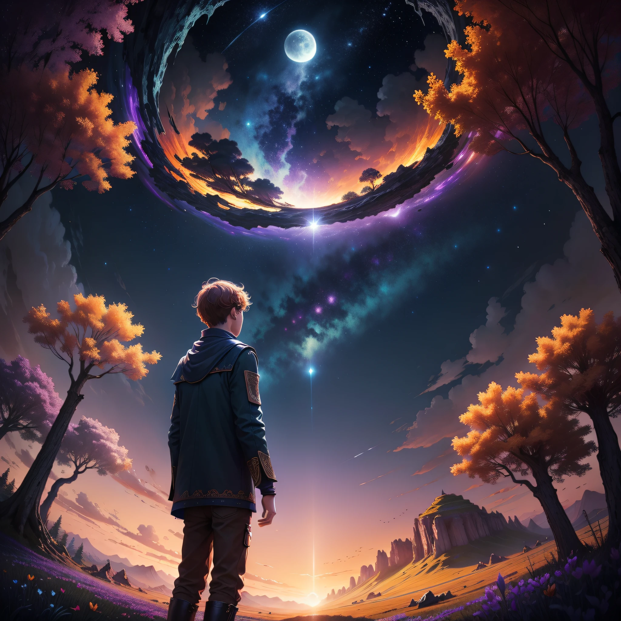 Expansive landscape photograph , (View from below，Displays the sky above and the clearing below), A boy stands on a field of flowers and looks up, (full moon:1), ( meteors:1), (Starcloud:1), Far Mountain, Tree Break makes art, (Warm light source:1), (Firefly:1), lamp lights, lots of purples and oranges, Intricate details, Volumetric lighting BREAK (Masterpiece:1), (Best quality), 4K, Ultra-detailed, (Dynamic composition:1.1), Highly detailed, Colorful details,( Iridescent colors:1), (luminouslighting, Atmospheric lighting), Dreamy, magical, (Solo:1)