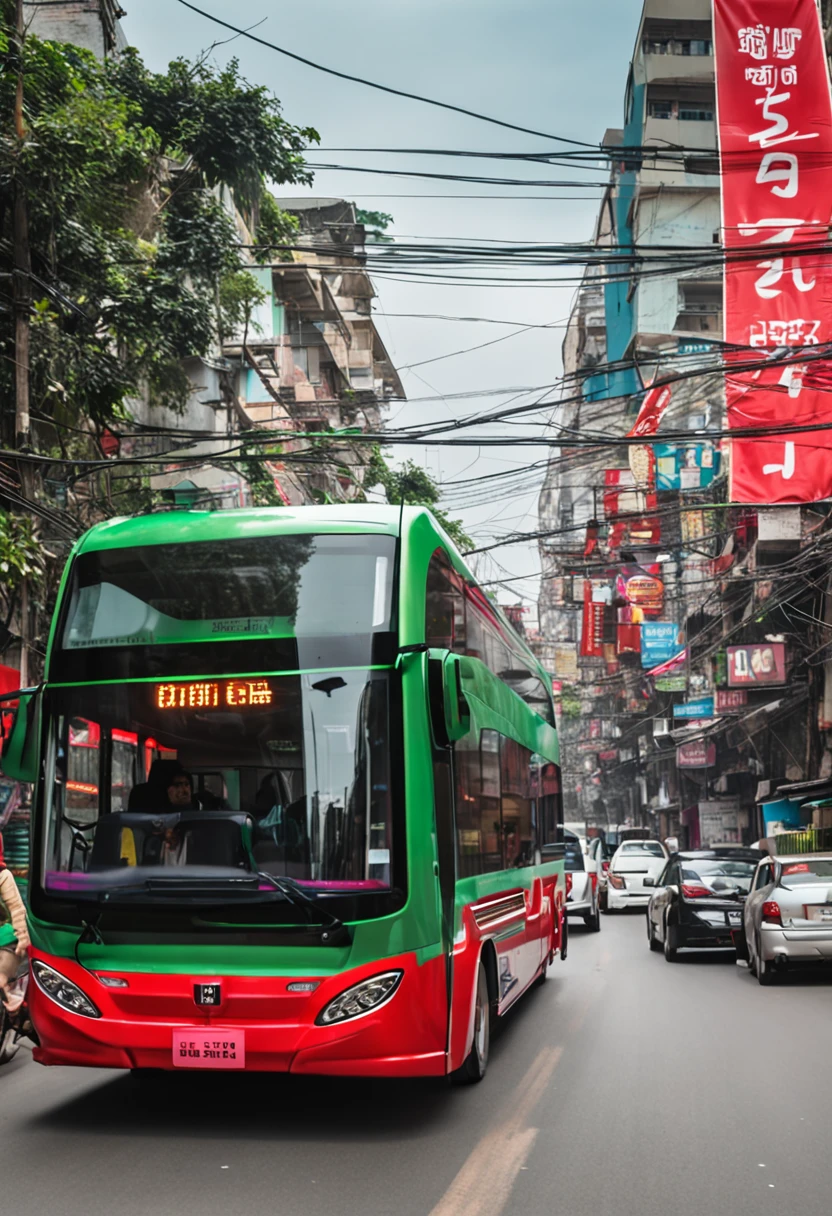 an electric bus on Hanoi street, crowd street, motobikes and cars, green bus