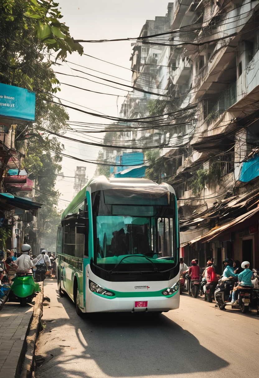 an electric bus on Hanoi street, crowd street, motobikes and cars, green bus