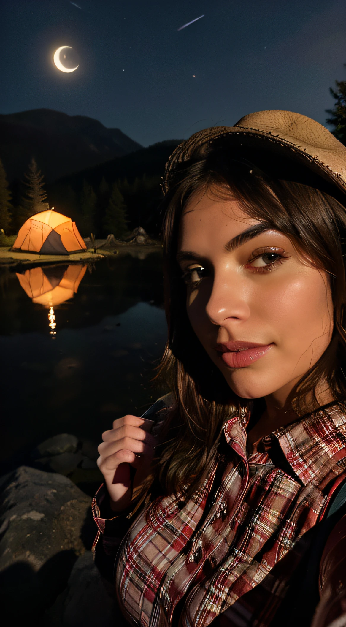 1 woman ((upper body selfie, happy)), masterpiece, best quality, ultra-detailed, solo, outdoor, (night), mountains, nature, (stars, moon) cheerful, happy, backpack, sleeping bag, camping stove, water bottle, country boot, country hat, red plaid shirt long sleeve open, lantern, forest, rocks, river, wood, smoke, shadows, contrast, clear sky, style, (warm hue, warm tone: 1.2), close-up, cinematic light, side lighting, ultra high resolution, best shadow, RAW, upper body, wearing lingerie, seductive look, huge breasts, 4k, open neckline, sexy