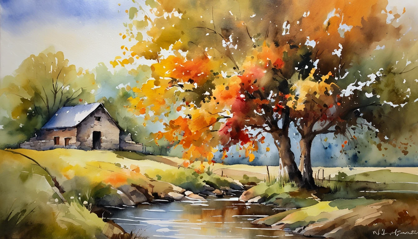 Farmhouse under a big tree by the stream, Sunset,  Oil painting, Classic style, Rich colors, Brush Strokes, Vibrant textures, Expressive portrait, Dynamic composition, Capture light and shadow, Artistry, Timeless beauty.