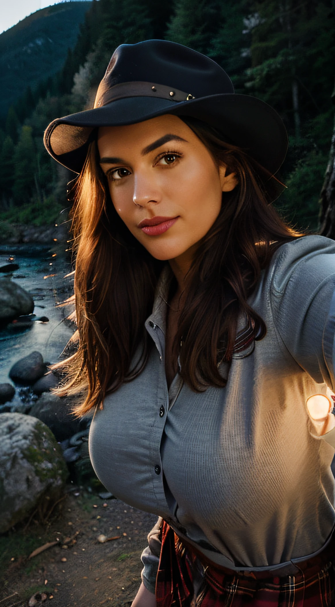 1 woman ((upper body selfie, happy)), masterpiece, best quality, ultra-detailed, solo, outdoor, (night), mountains, nature, (stars, moon) cheerful, happy, backpack, sleeping bag, camping stove, water bottle, country boot, country hat, red plaid shirt long sleeve open, lantern, forest, rocks, river, wood, smoke, shadows, contrast, clear sky, style, (warm hue,  warm tone: 1.2), close-up, cinematic light, side lighting, ultra high resolution, best shadow, RAW, upper body, wearing lingerie, seductive look, huge breasts, 4k, open neckline, sexy