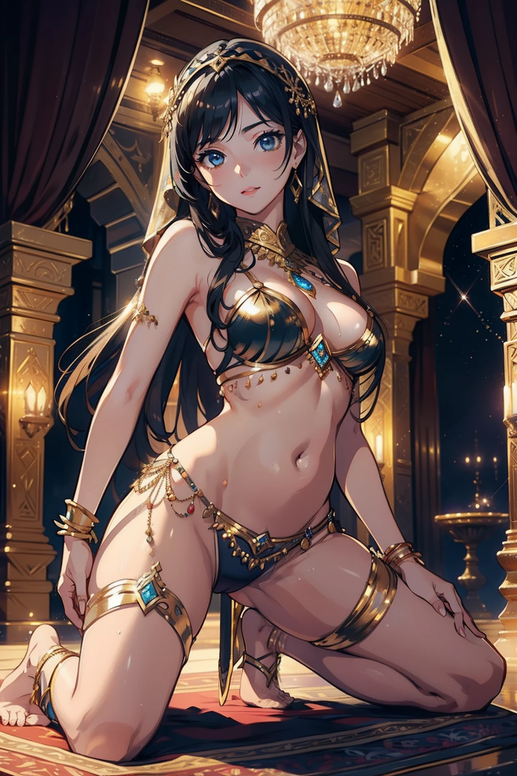 ​masterpiece, top-quality, Detailed details, Detailed landscapes, beatiful lights, one girls,14years,((Arabian)),Arabian Night,((angled view)),innocent smiles,Glistening sweat,Kneeling,open one's legs,detailed skin textures,(((belly dancer))),(Classic Theater)、llight rays、Belly Dance Costumes,(((No Underwear))),piercings,High contrast,(super low angle),