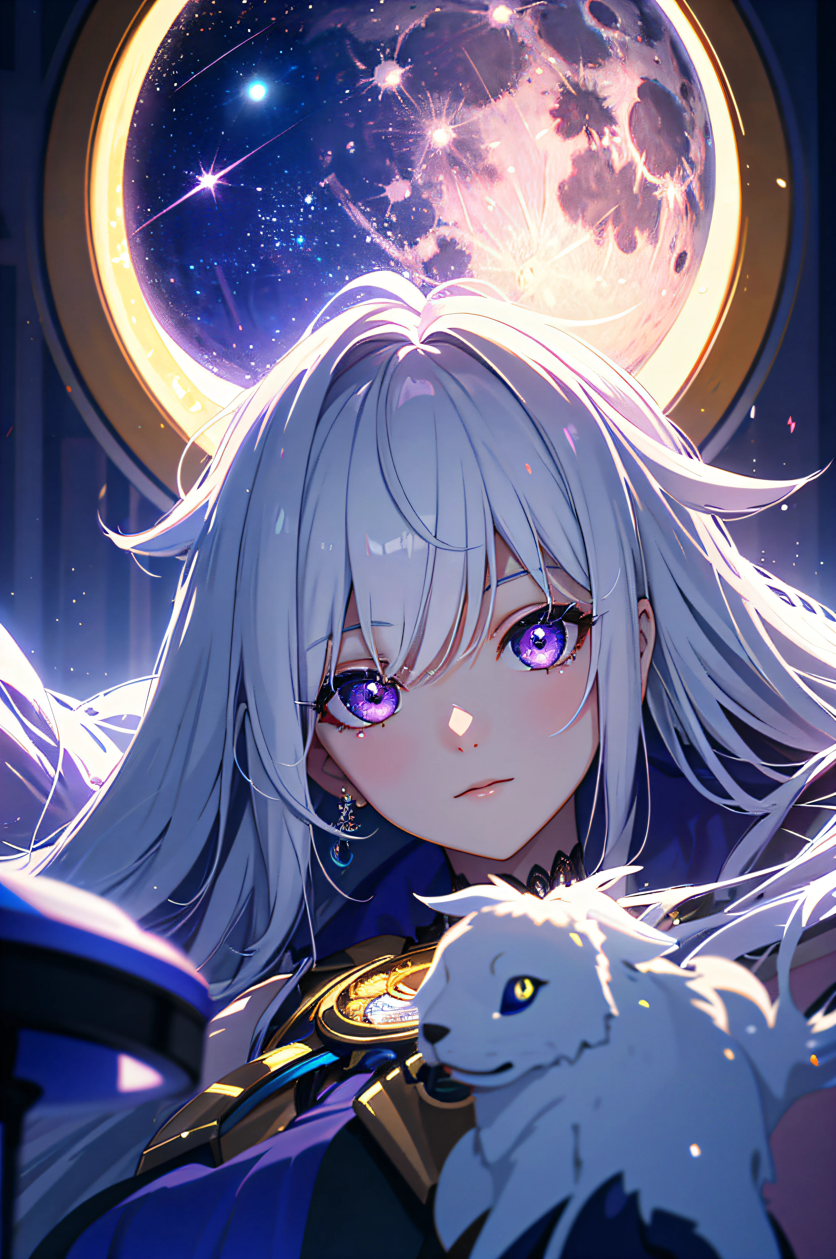 A high resolution, HighestQuali, illustration, Cinematic light, Ultra detailed, Detailed face, (Detailed eyes), Best quality, ultra - detailed, Masterpiece, (Detailed face),1girll, Girl, White hair, Purple eyes, highest details, glowing light eyes, medium breats, sit on a bed, Sitting, Bed, window, Night sky, Lake outside, Moon, full moon, back lit lighting, Light rays, (High contrast), (Colorful),
