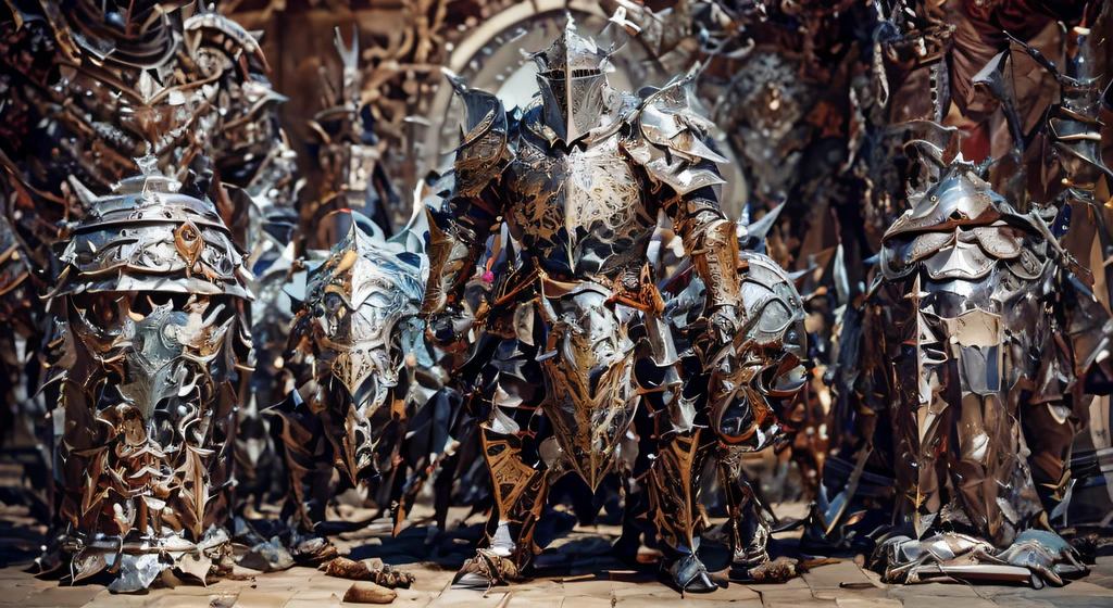 Many different types of armor are displayed in the room, wretched and corrupted knights, heavily armored, heavy fantasy armor, Gorgeous armor full of thorns, strong fantasy knight, fantasy knight, intricate ornate armor, Intricate legendary armor, Stunning armor, 4 K detail fantasy, covered in full silver armor, Epic Paladin armor, ornate armour, Gorgeous Gothic armor