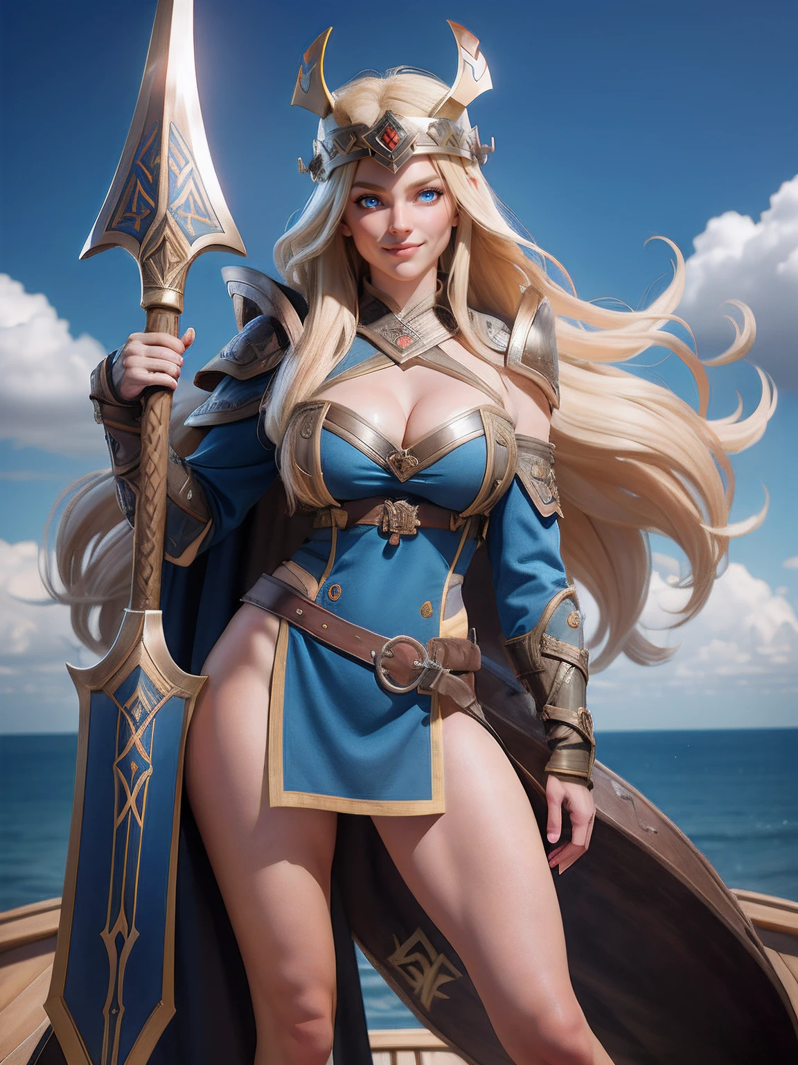 Woman in Viking outfit, Viking helmet, blue eyes, long blonde hair, Evel smile, cleavage, hot girl, holding big Viking axe, open legs, full body, first-person view, wide shot, wide-angle, masterpiece, high details, best quality, HD, realism, Nikon, standing on ship deck.